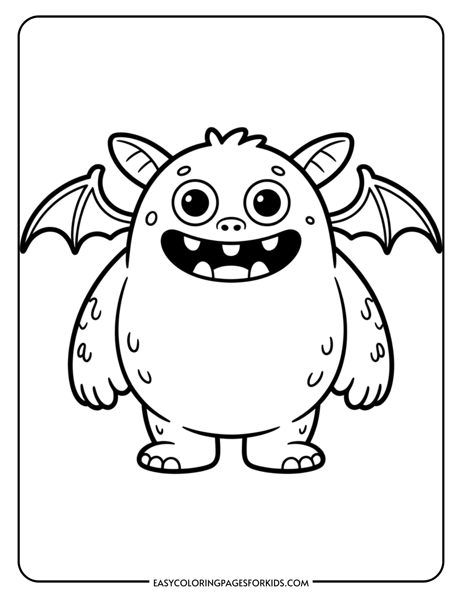 A chubby monster with tiny bat wings and a round belly grins with a single visible tooth.