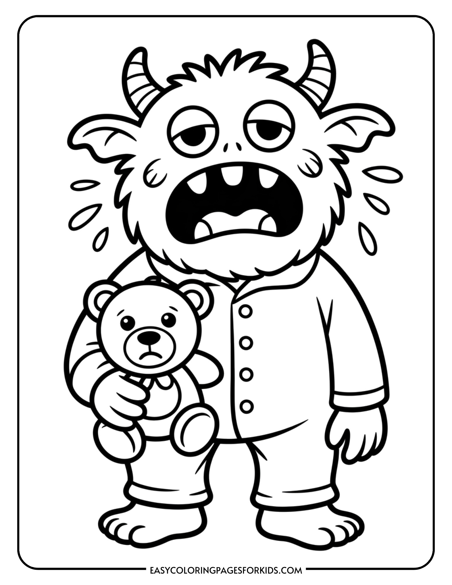 A sleepy monster yawns while hugging a teddy bear and wearing cozy pajamas.