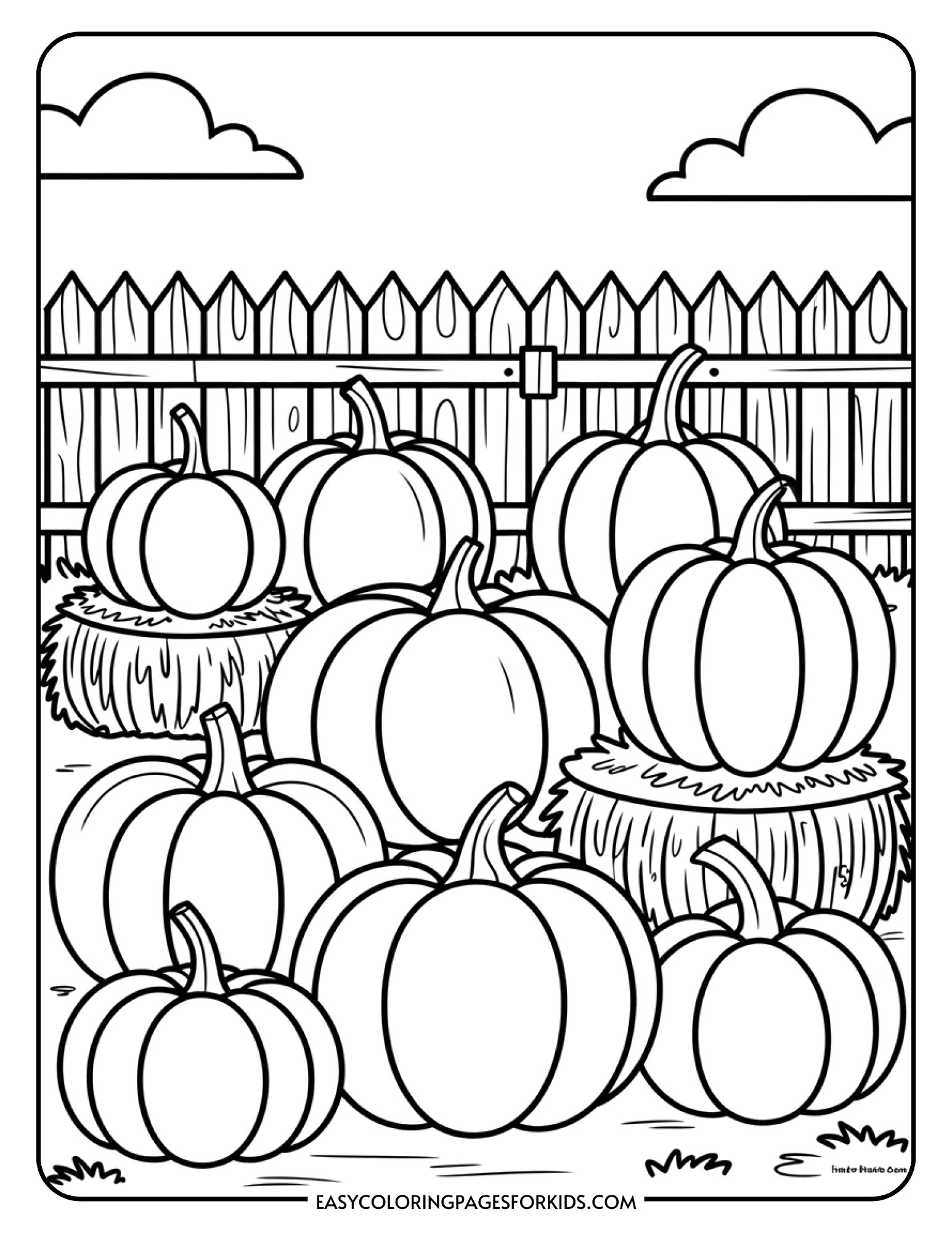 A coloring page showing a pumpkin patch with large and small pumpkins scattered around hay bales and a rustic fence.