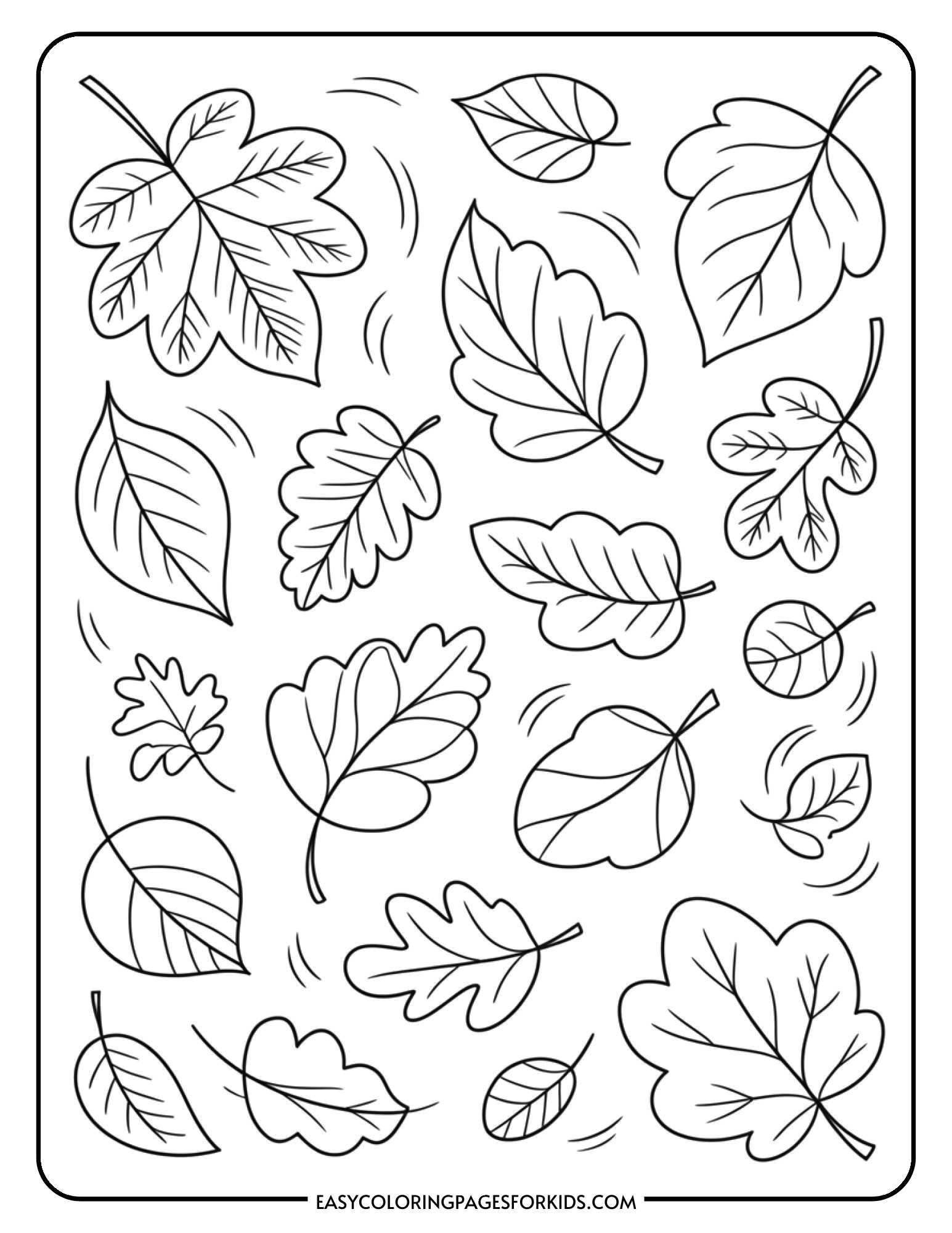 A coloring page featuring various maple, oak, and other autumn leaves swirling and falling through the air.