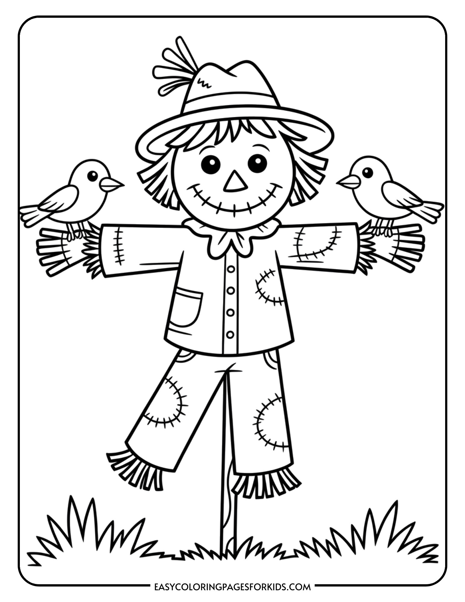 A coloring page showing a happy scarecrow wearing a hat and patched clothing with friendly birds sitting on its arms.