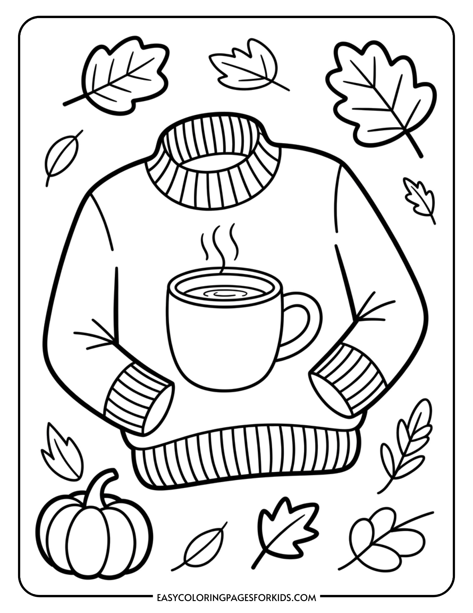 A coloring page depicting a cozy knit sweater next to a steaming mug and small decorative pumpkin surrounded by fall leaves.