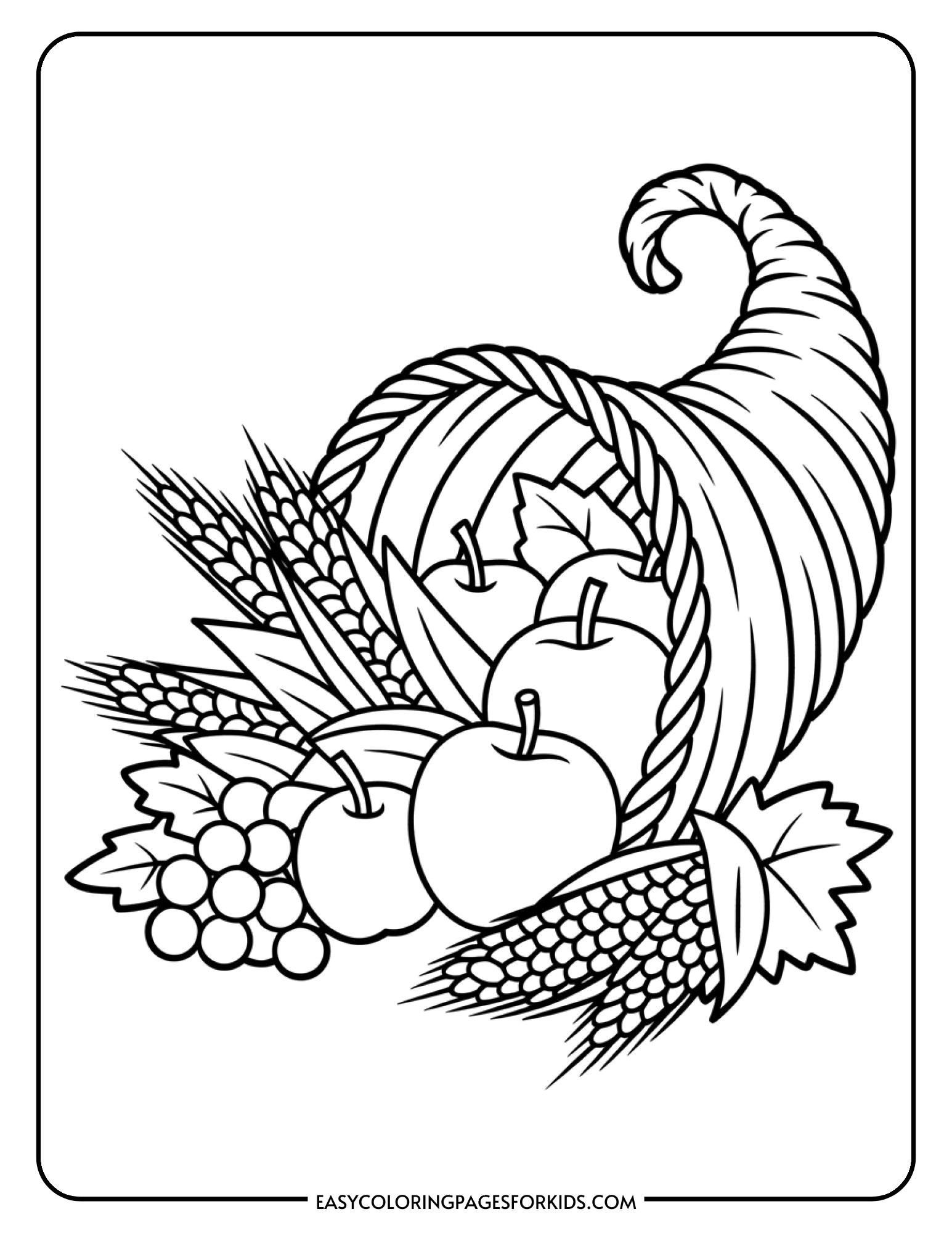 A coloring page showing a horn-shaped basket overflowing with harvest fruits, vegetables, and wheat stalks.