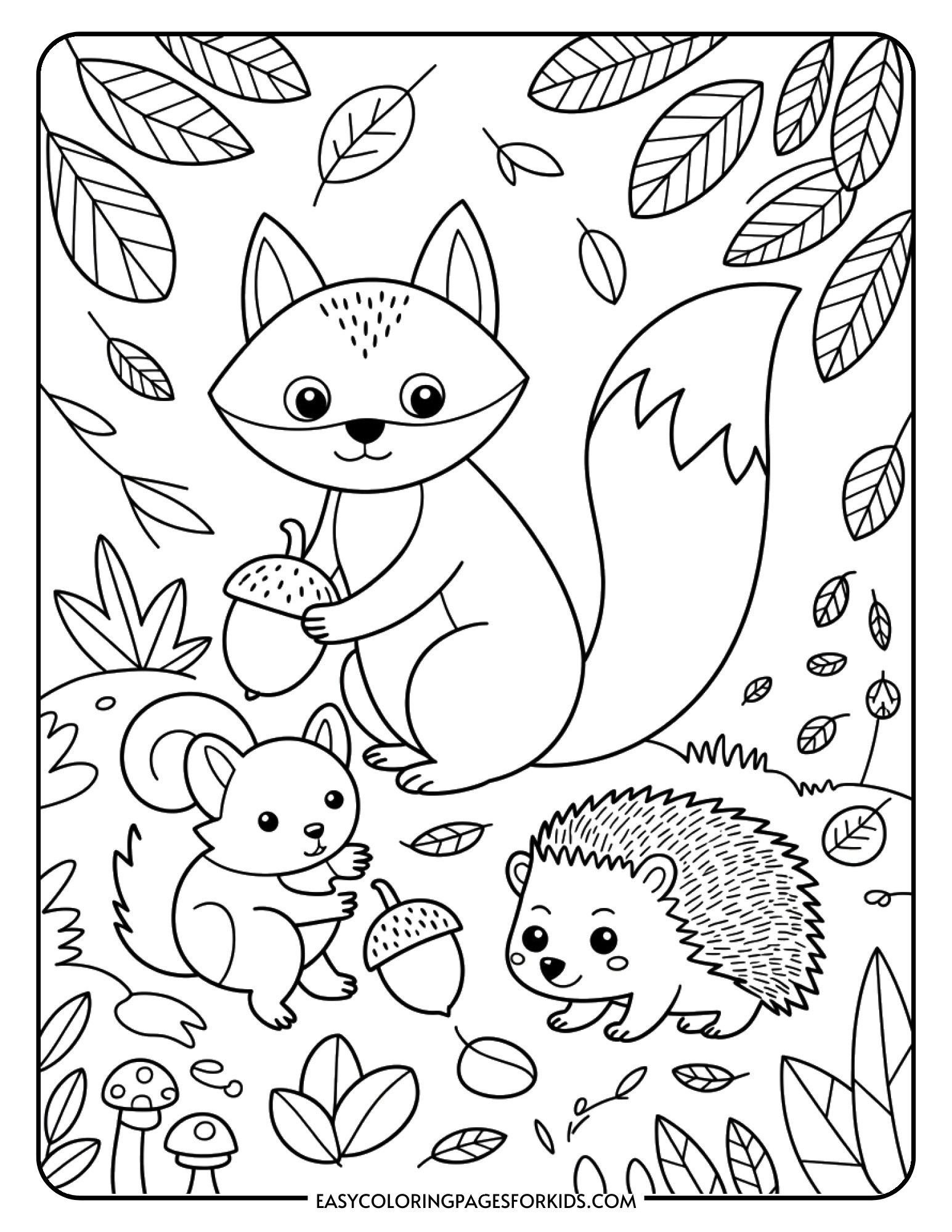 A coloring page featuring a fox, squirrel, and hedgehog playing together in an autumn woodland setting with acorns and leaves.