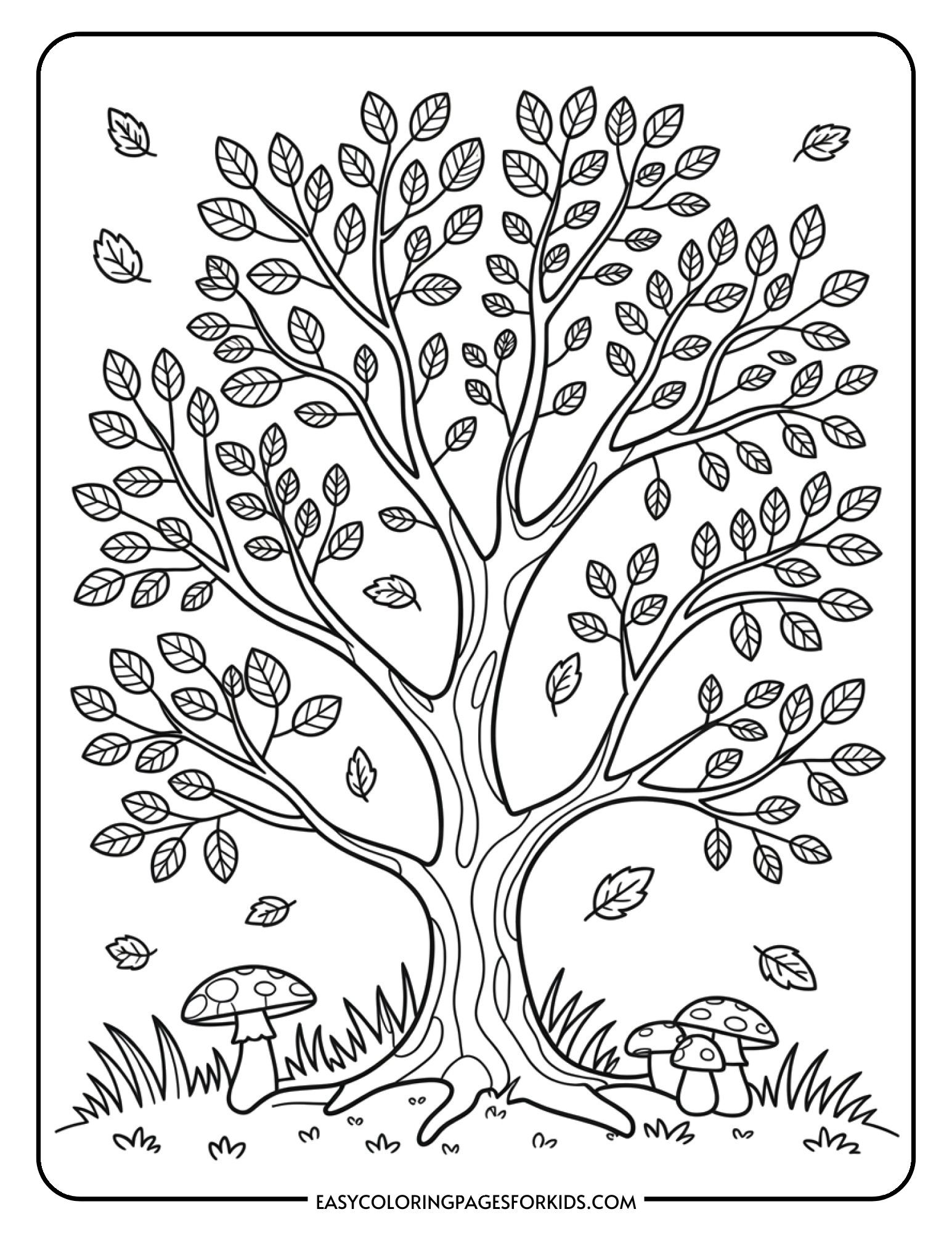A coloring page featuring a big tree with spreading branches covered in fall leaves, with more leaves falling to the ground below.