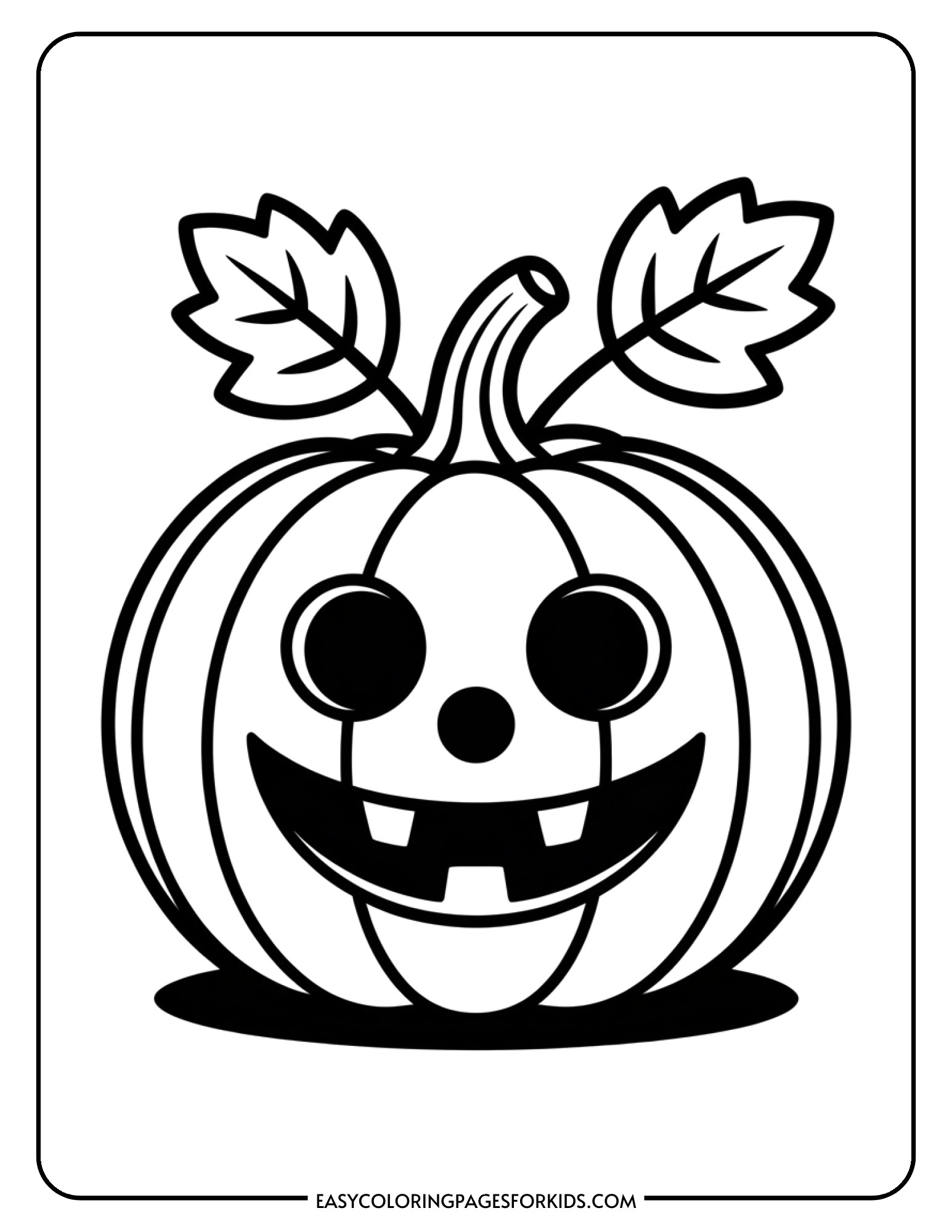 A cheerful pumpkin with a big smile and decorative leaves sits ready to be colored.
