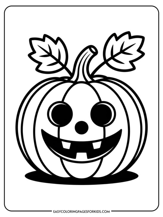 A cheerful pumpkin with a big smile and decorative leaves sits ready to be colored.