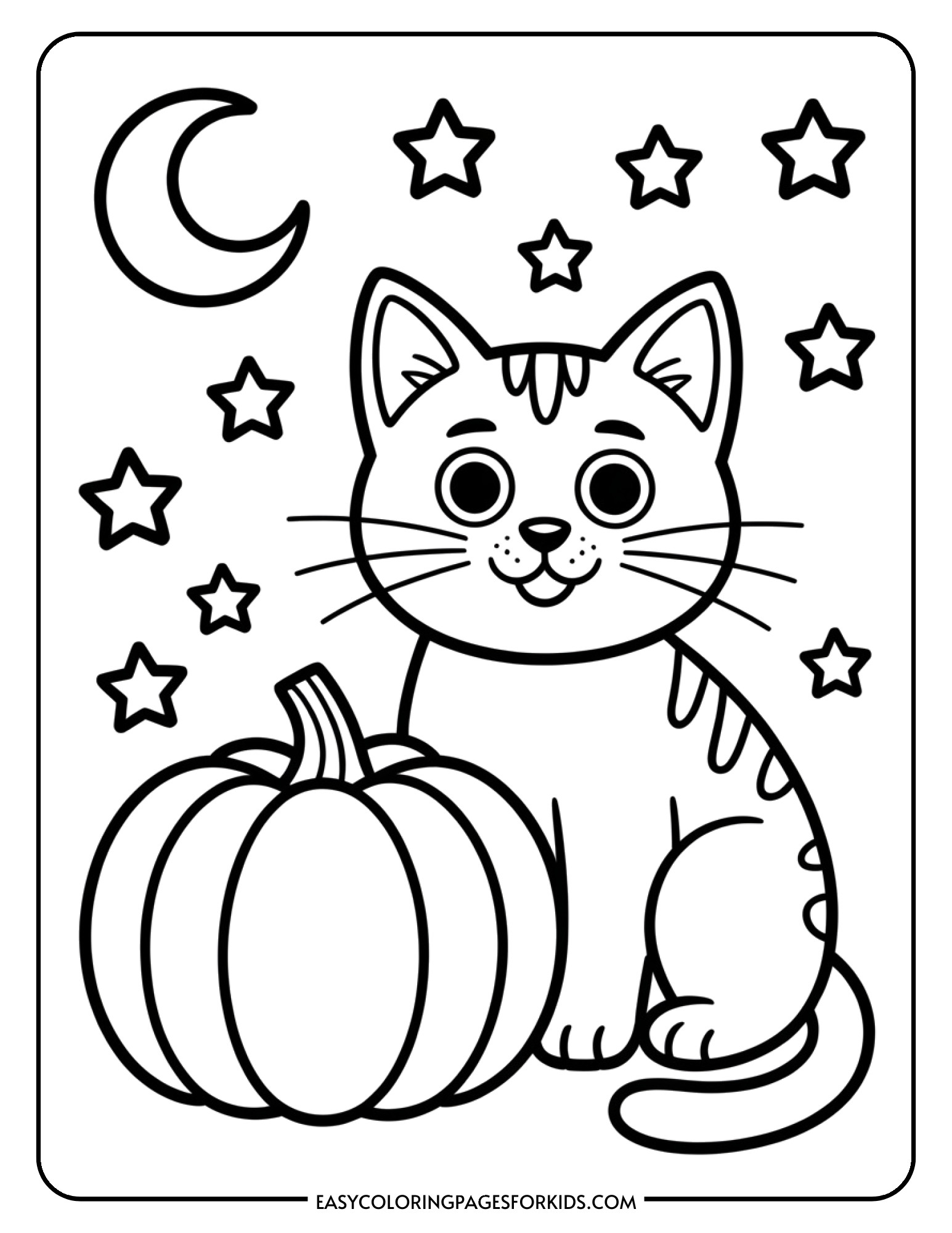 A friendly cat sits beside a pumpkin under a starry night sky with a crescent moon.