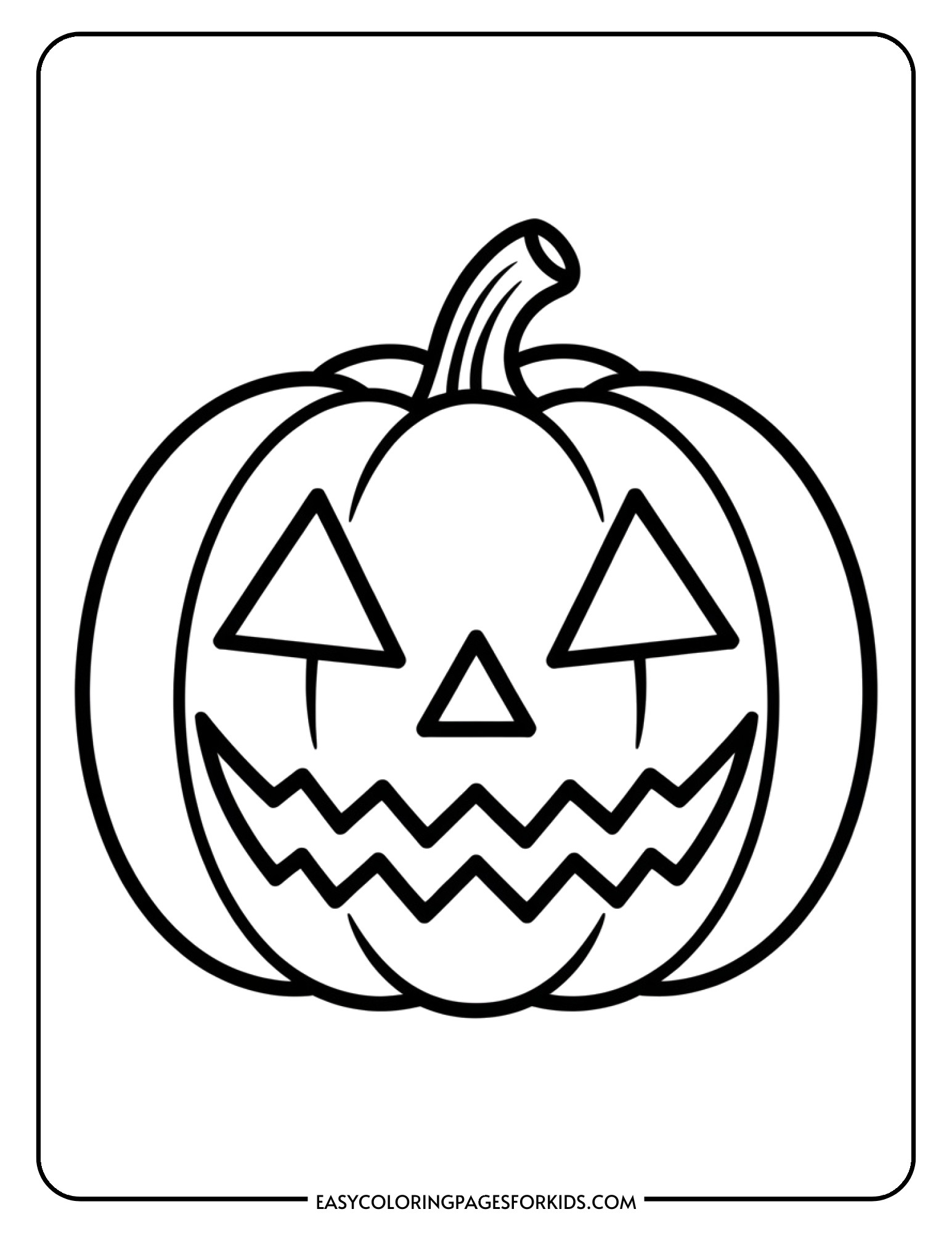 A traditional jack-o-lantern with triangle eyes and a toothy grin waits to be colored for Halloween.