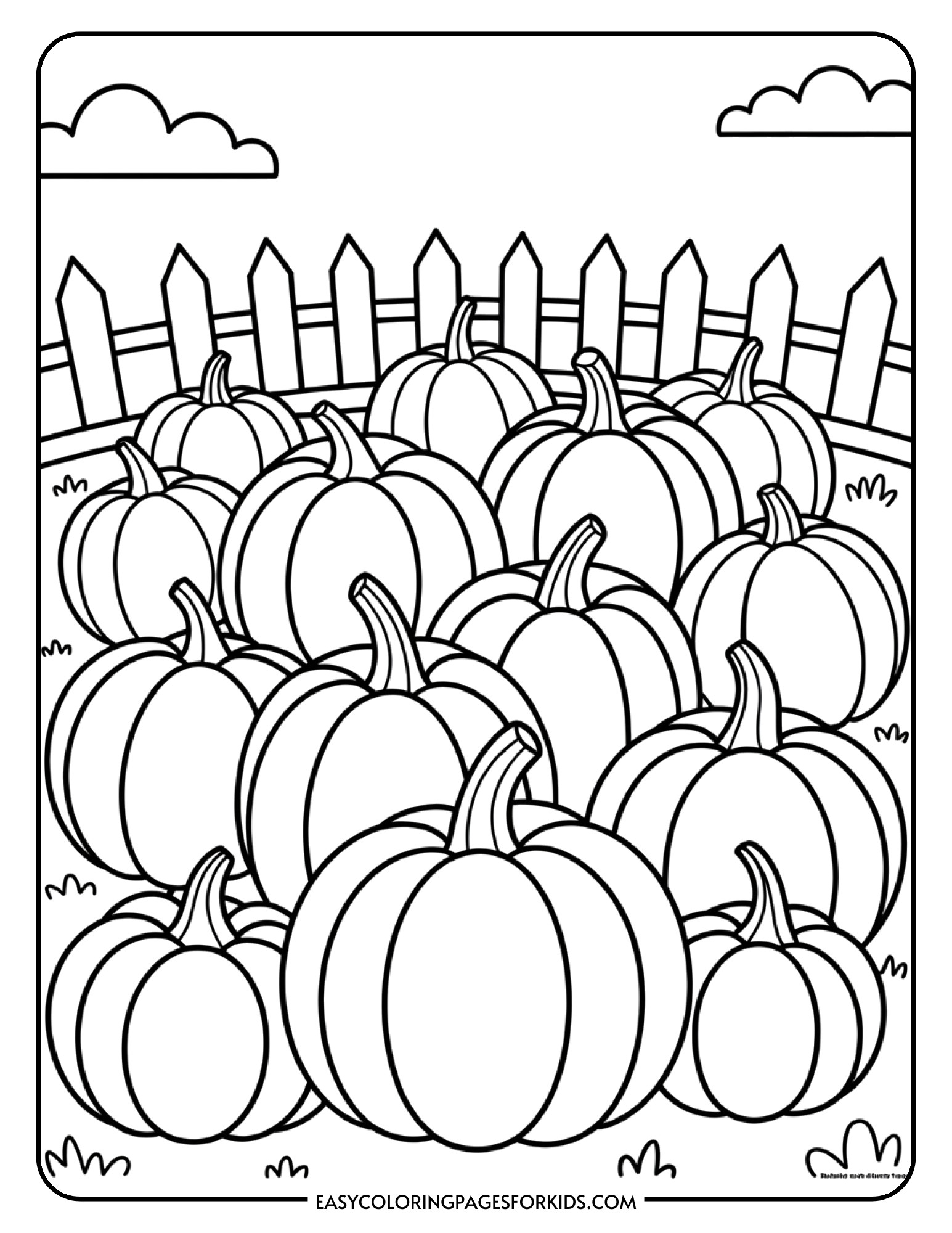 A pumpkin patch scene shows several pumpkins in a field with a fence and sky background.