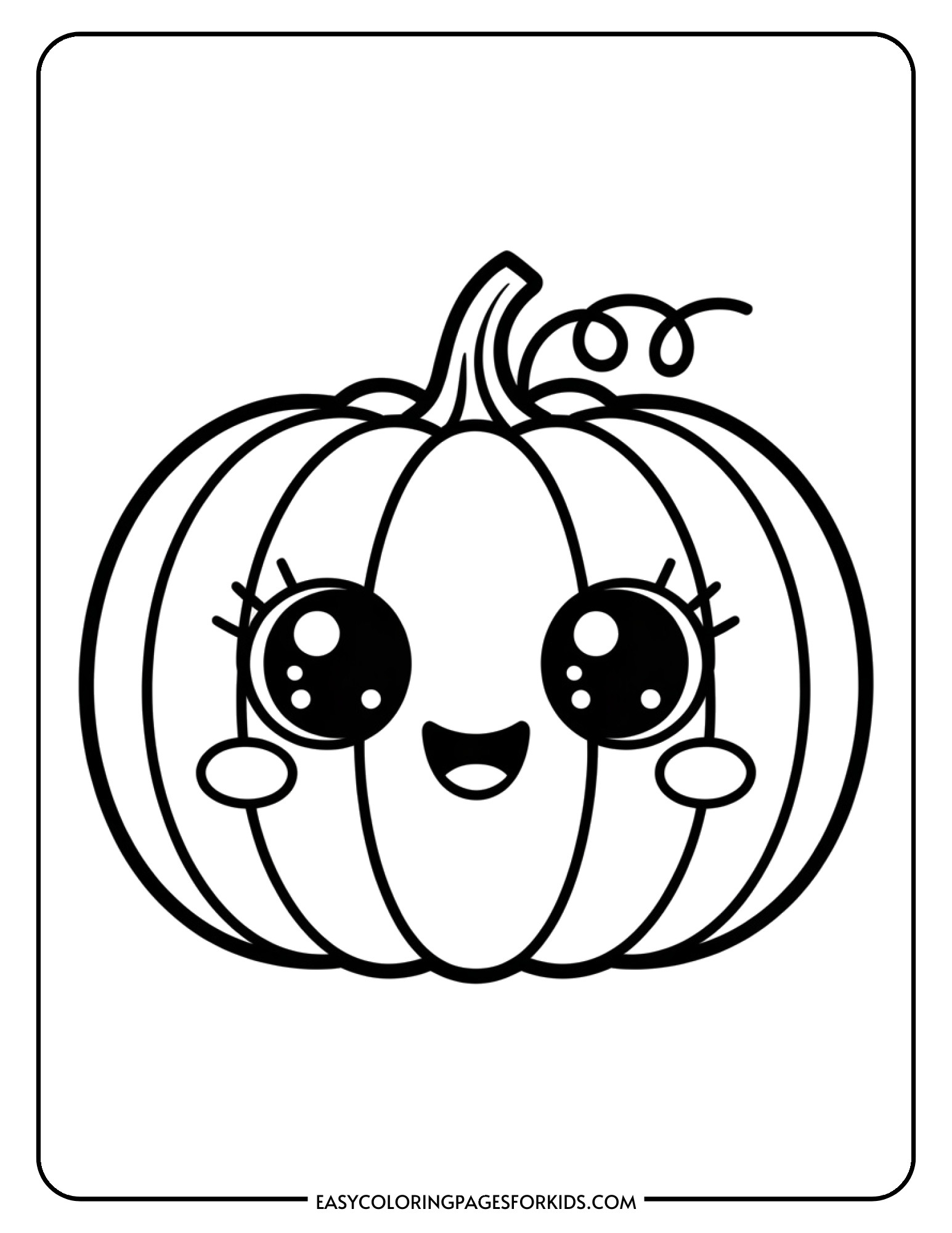 An adorable kawaii-style pumpkin with large eyes and rosy cheeks looks extra sweet and friendly.