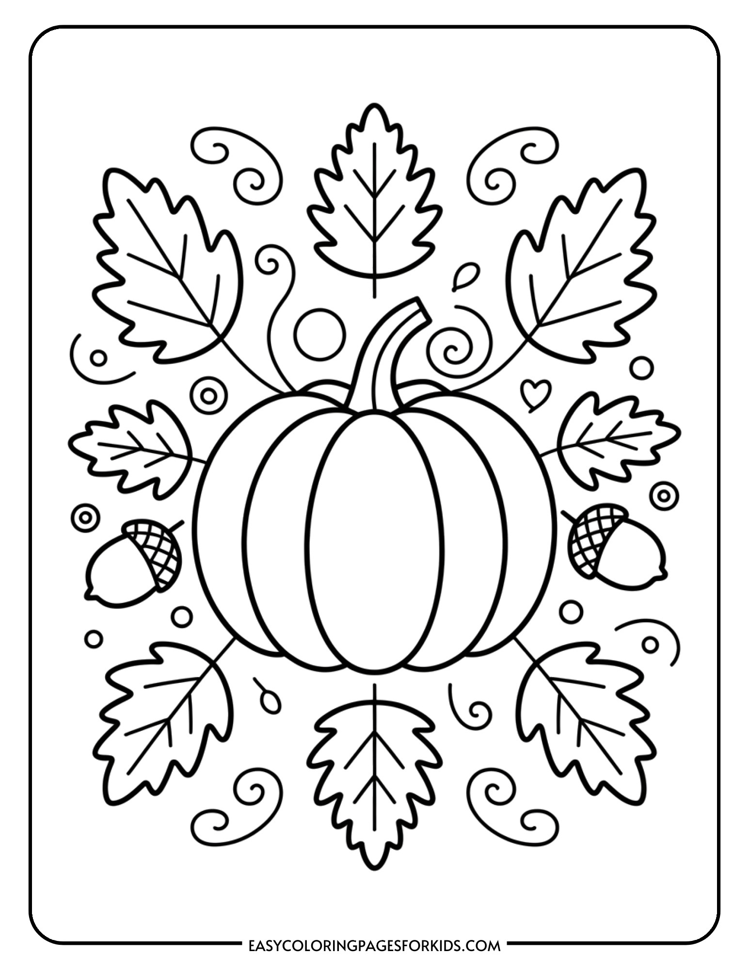 A pumpkin sits surrounded by falling autumn leaves, acorns, and decorative swirls celebrating fall.