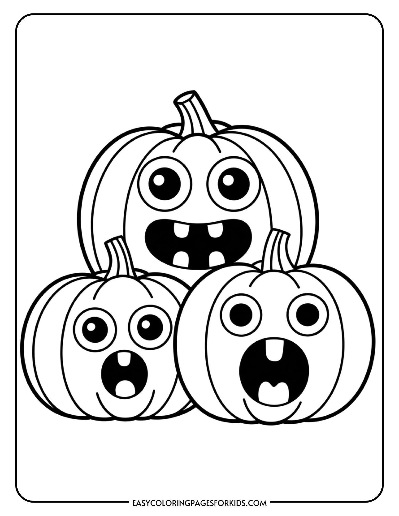Three pumpkins display different silly expressions including surprised, goofy, and winking faces.