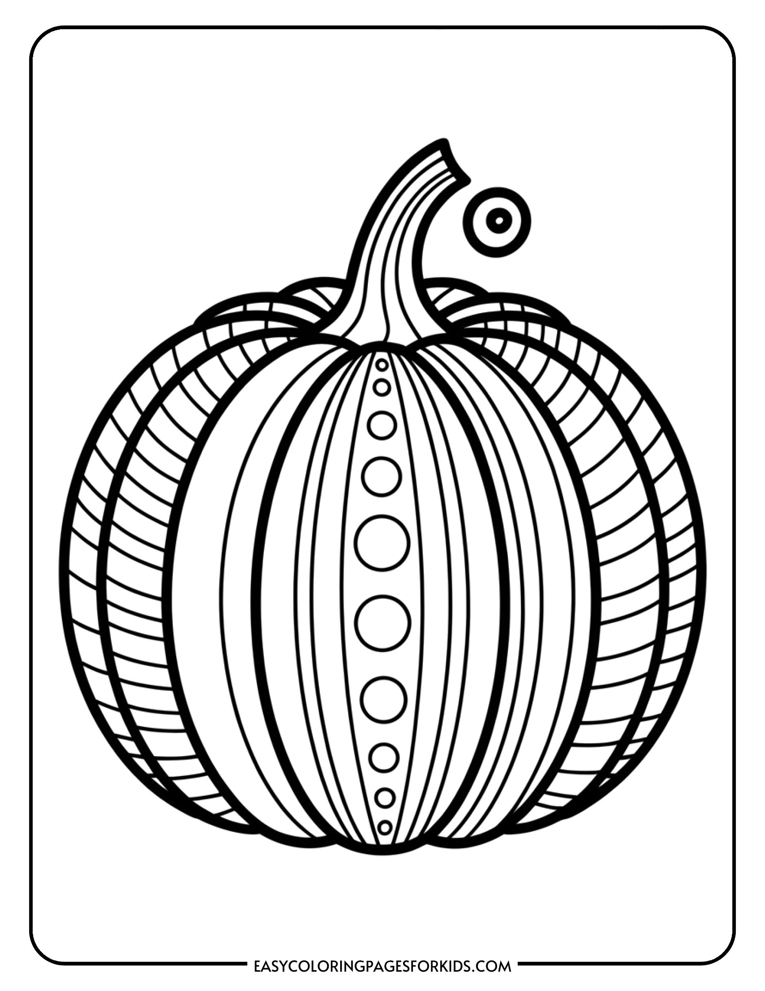 A pumpkin decorated with intricate patterns of stripes, dots, swirls, and geometric shapes offers detailed coloring fun.