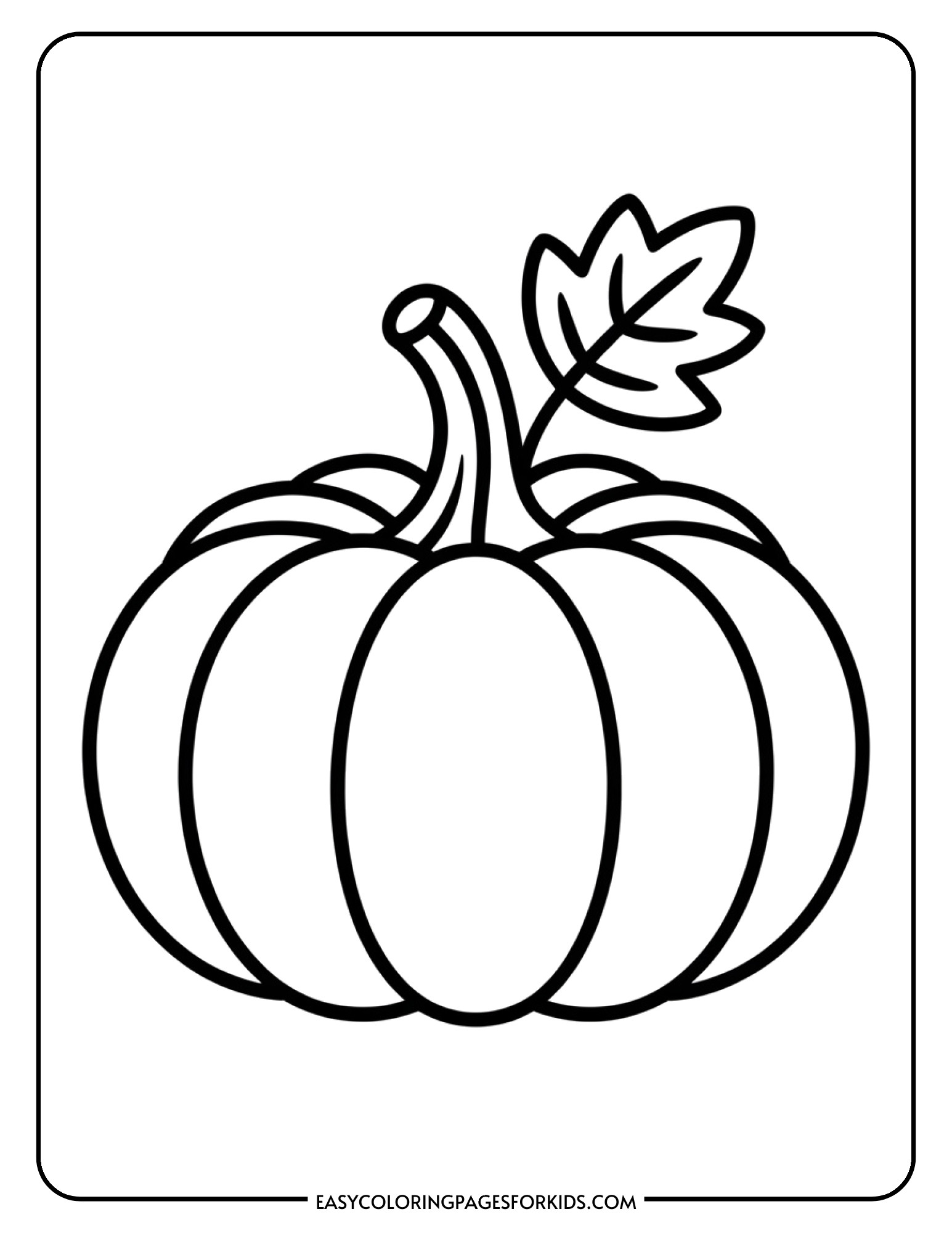 A small, simple baby pumpkin with a curly stem and leaf offers an easy coloring option for young children.