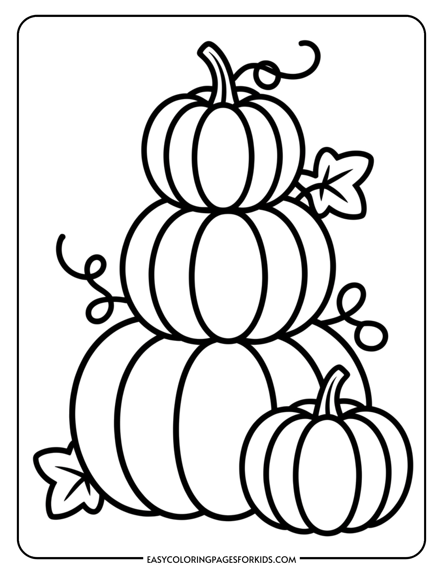 Three pumpkins of different sizes are stacked on top of each other with decorative vines and leaves.