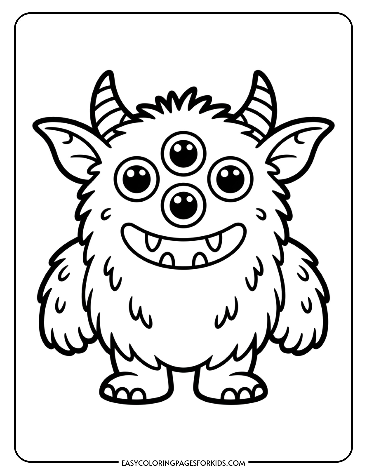 A smiling furry monster with three eyes, small horns, and friendly fangs ready to color.