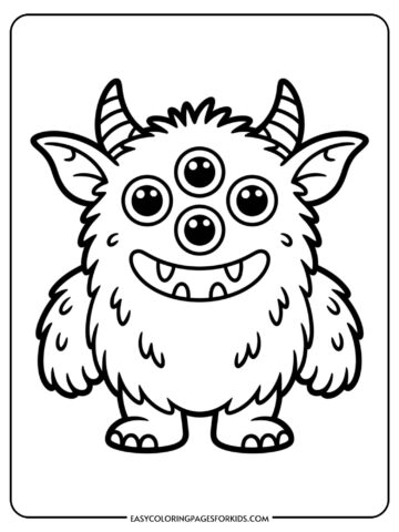 A smiling furry monster with three eyes, small horns, and friendly fangs ready to color.