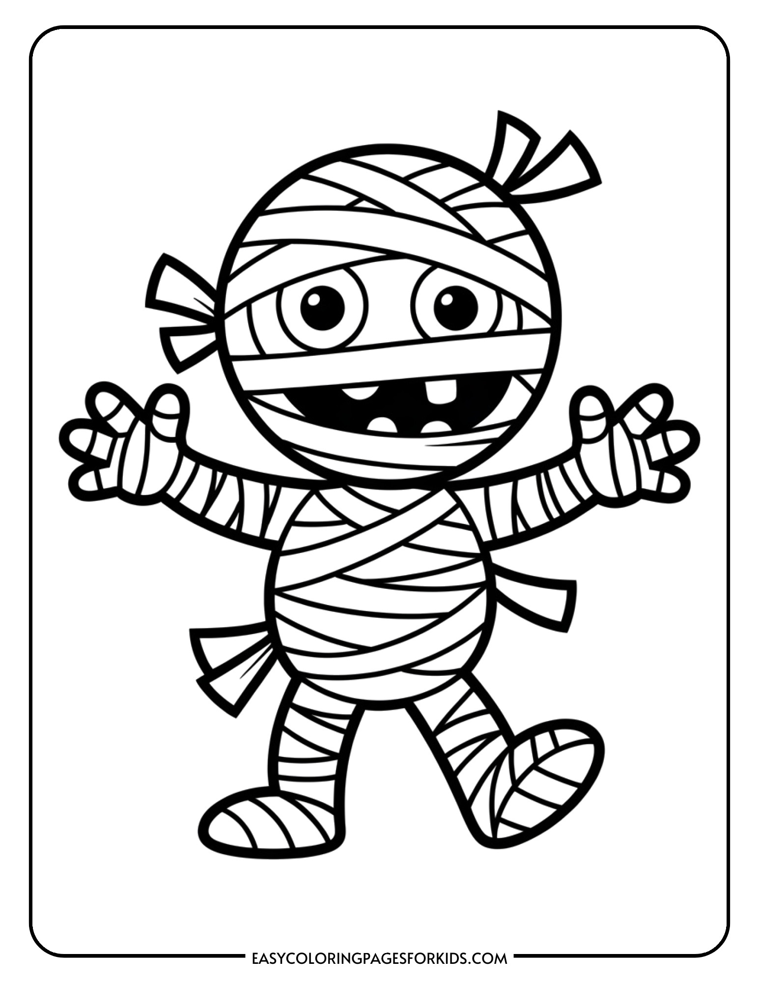 A cartoon mummy covered in wrapping bandages with visible eyes and mouth walks with outstretched arms.