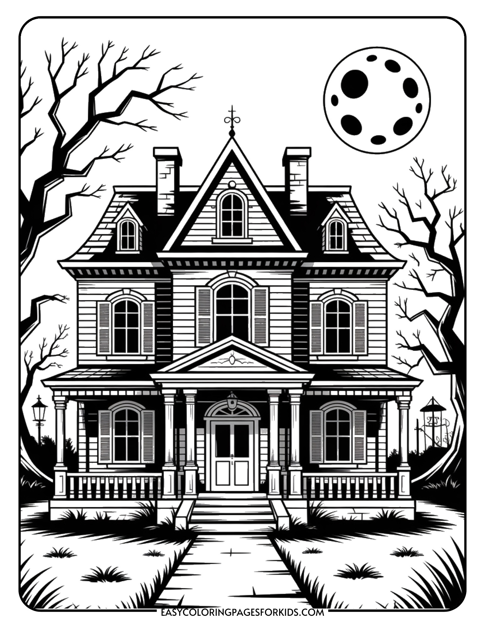 A haunted mansion with broken windows, crooked shutters, bare trees, and a full moon in the background.