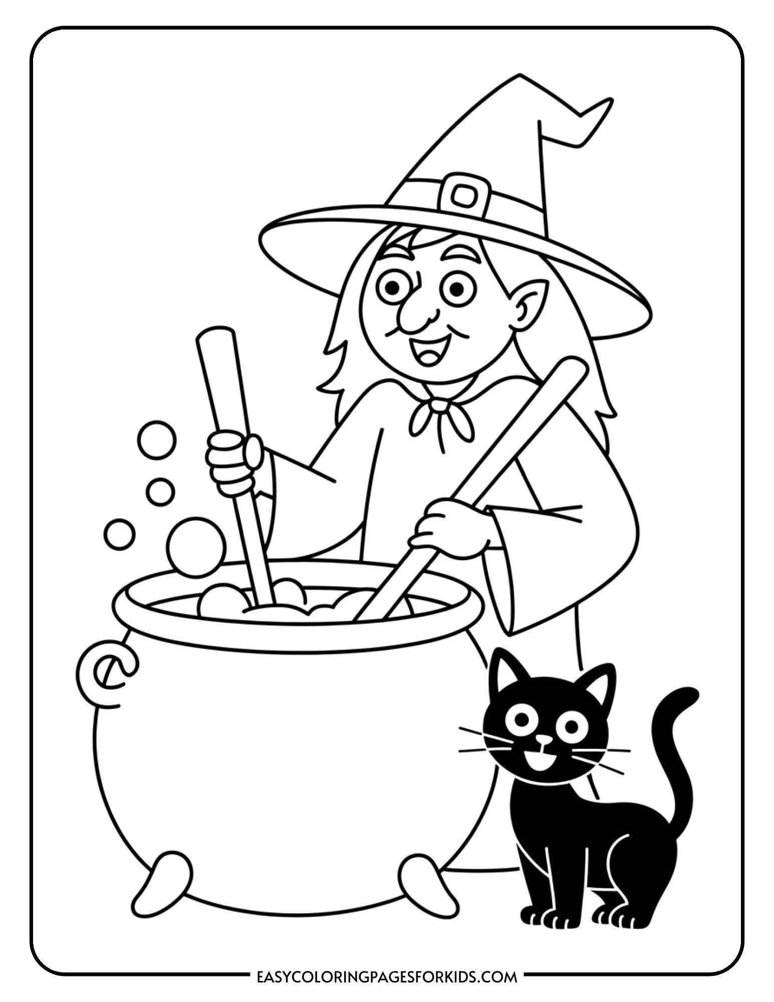 A witch wearing a pointy hat stirs a bubbling cauldron while a black cat sits beside her.