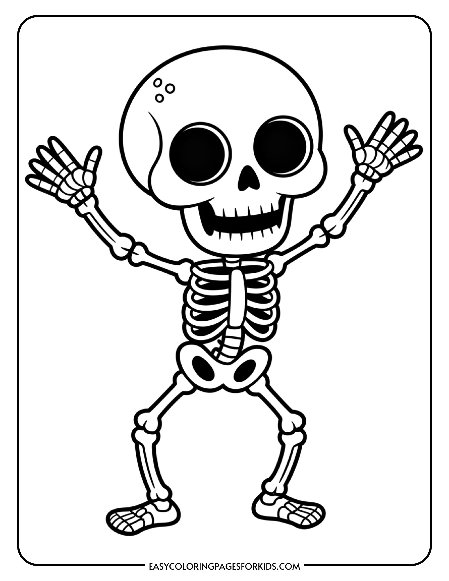 A cartoon skeleton with large eye sockets strikes a playful dancing pose.