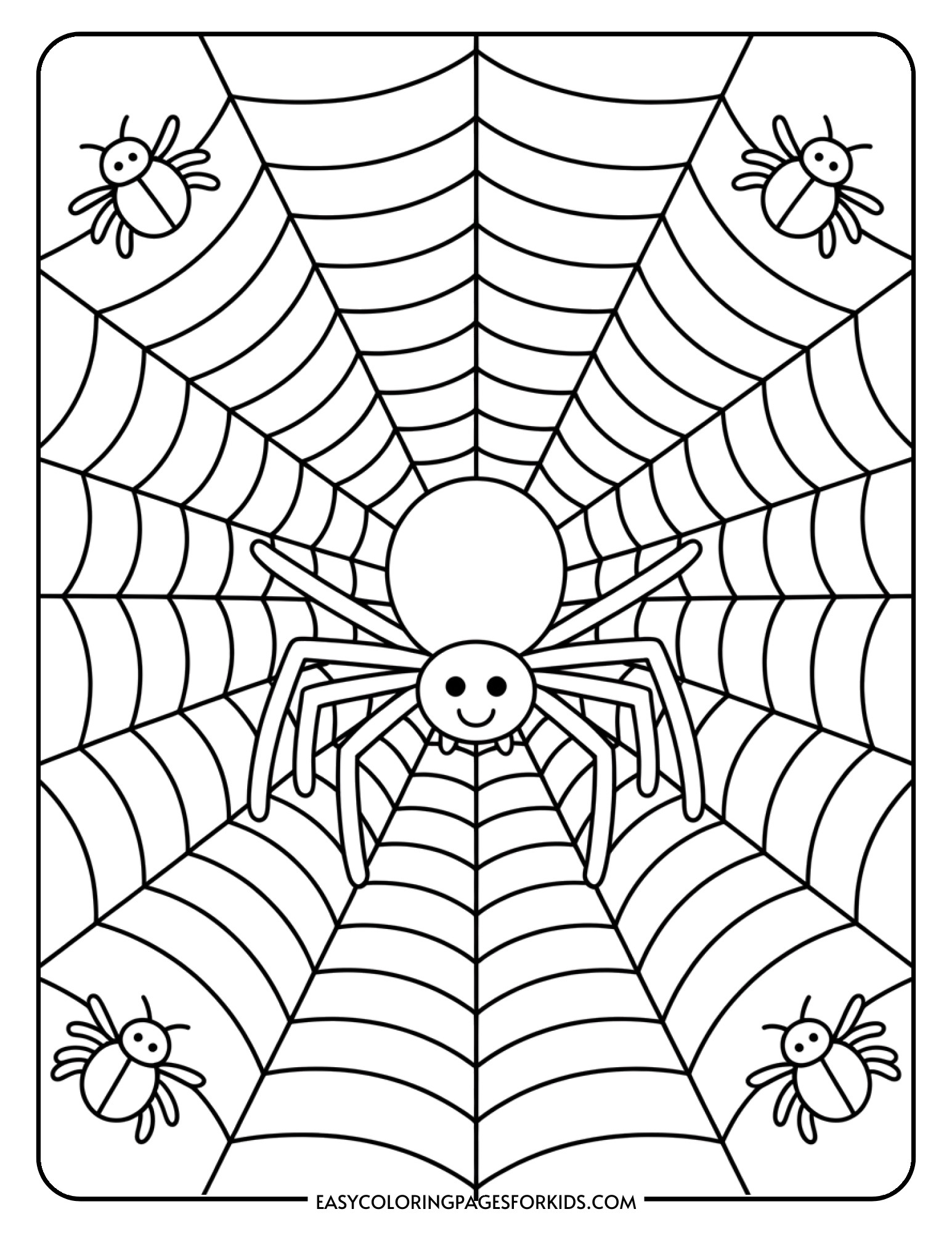 A detailed spider web with a cartoon spider in the middle and small bugs caught around the edges.
