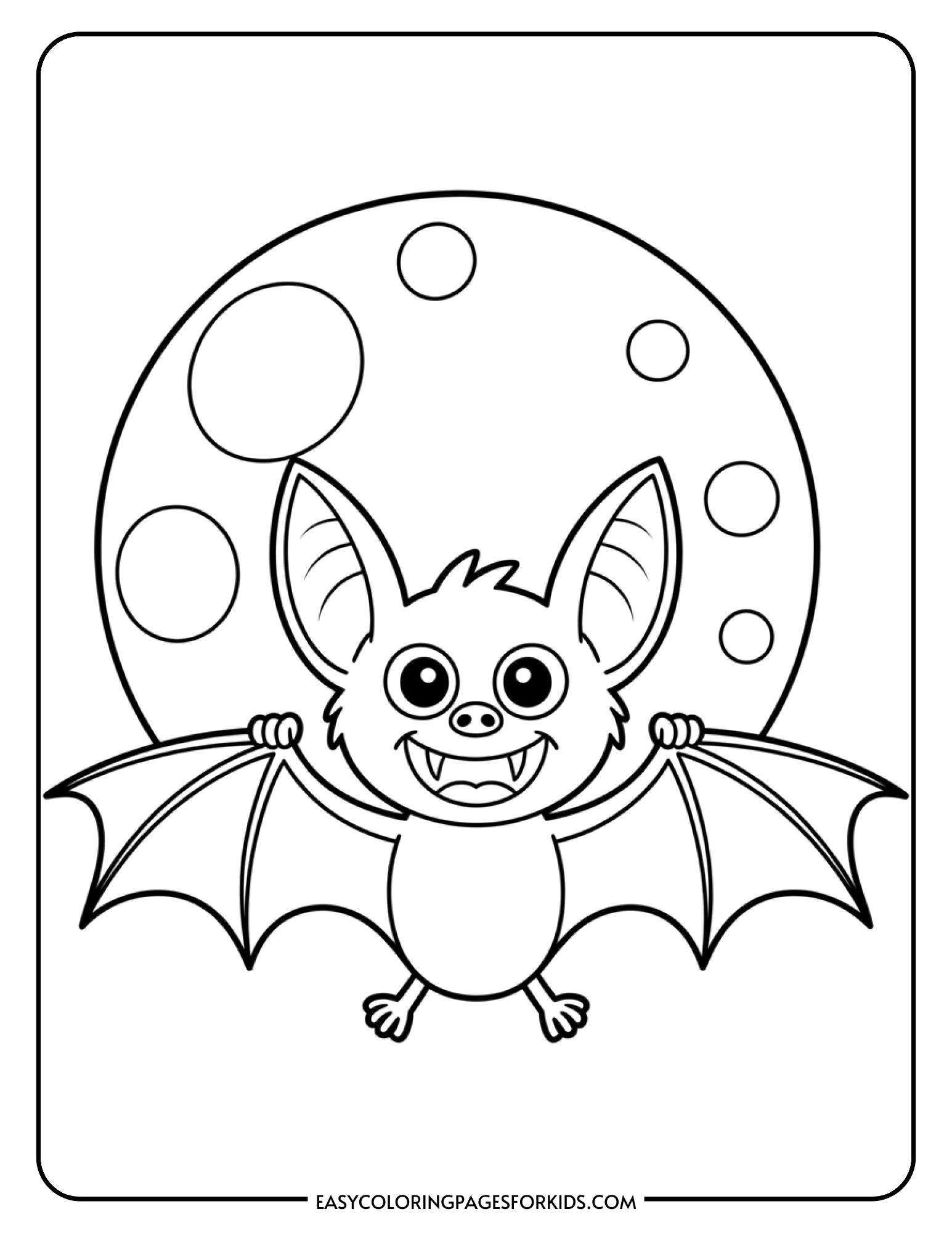A cartoon bat with visible fangs and outstretched wings flies across a large moon.