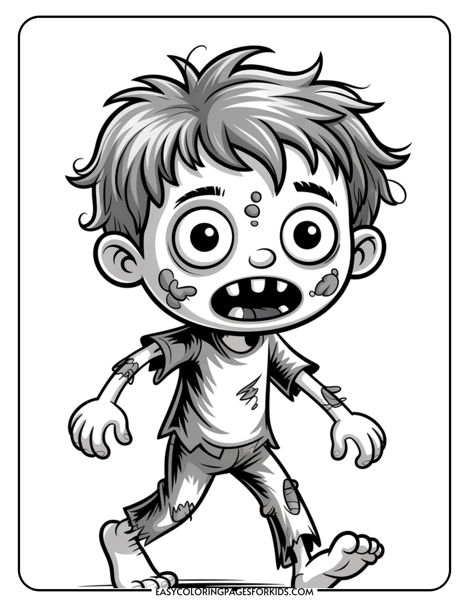 A cartoon child zombie with messy hair and tattered clothing walks with arms stretched out.