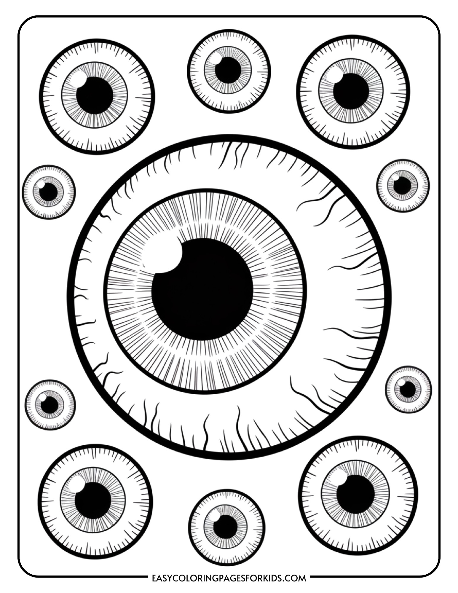 A large detailed eyeball with visible veins and iris surrounded by smaller floating eyeballs.