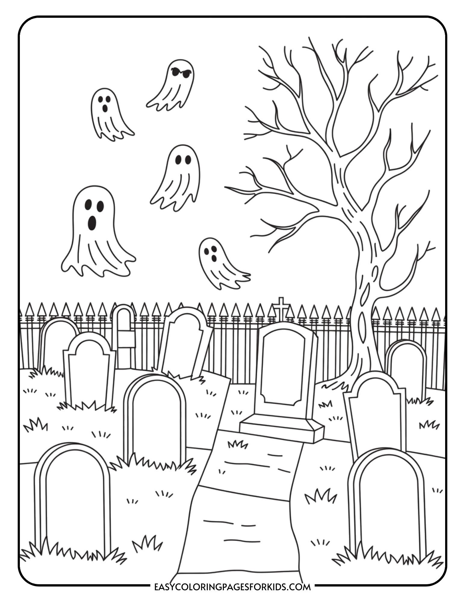 A graveyard scene featuring tombstones, a bare tree, a fence, and friendly ghosts floating overhead.