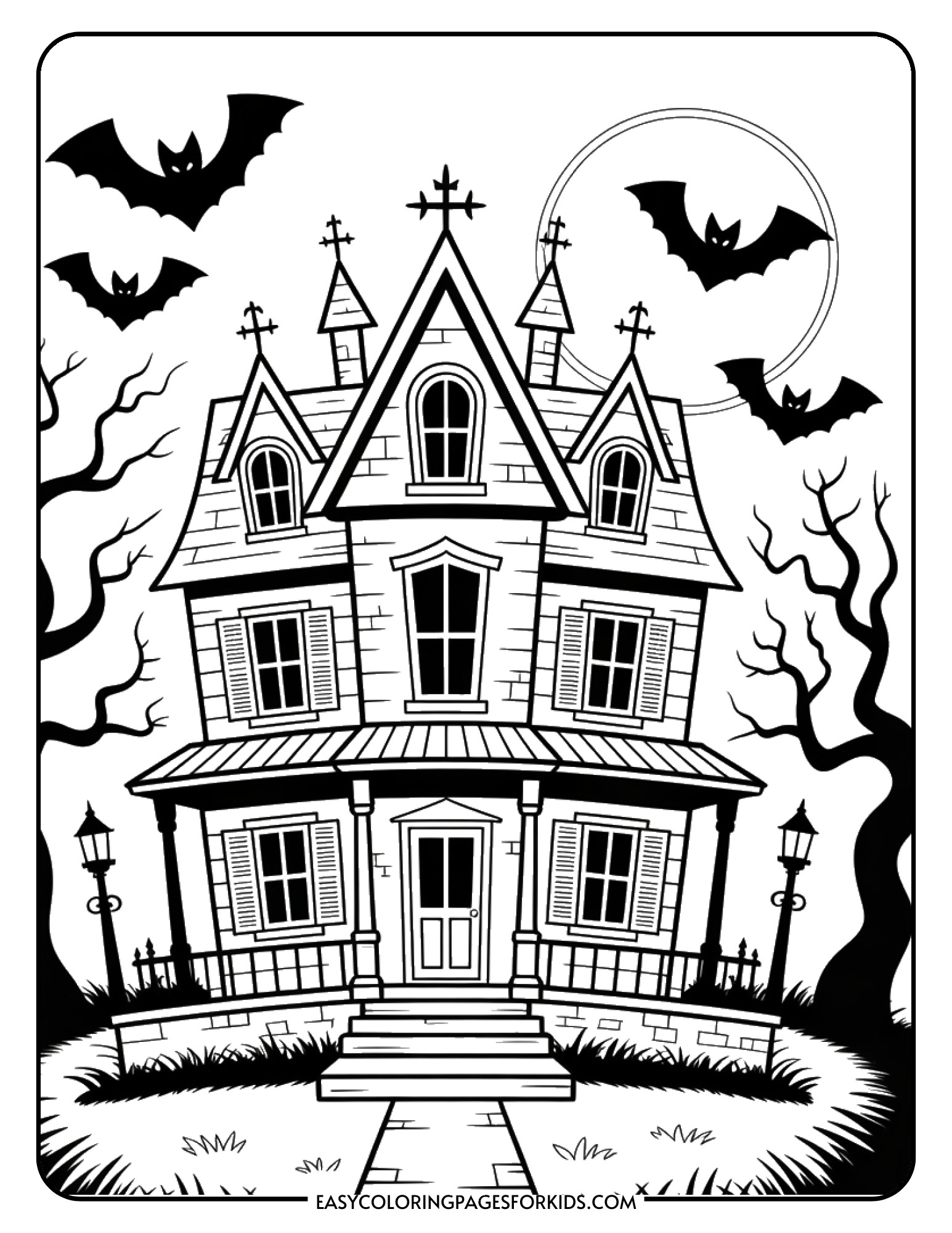A haunted house coloring page featuring a creepy mansion with crooked windows and flying bats.