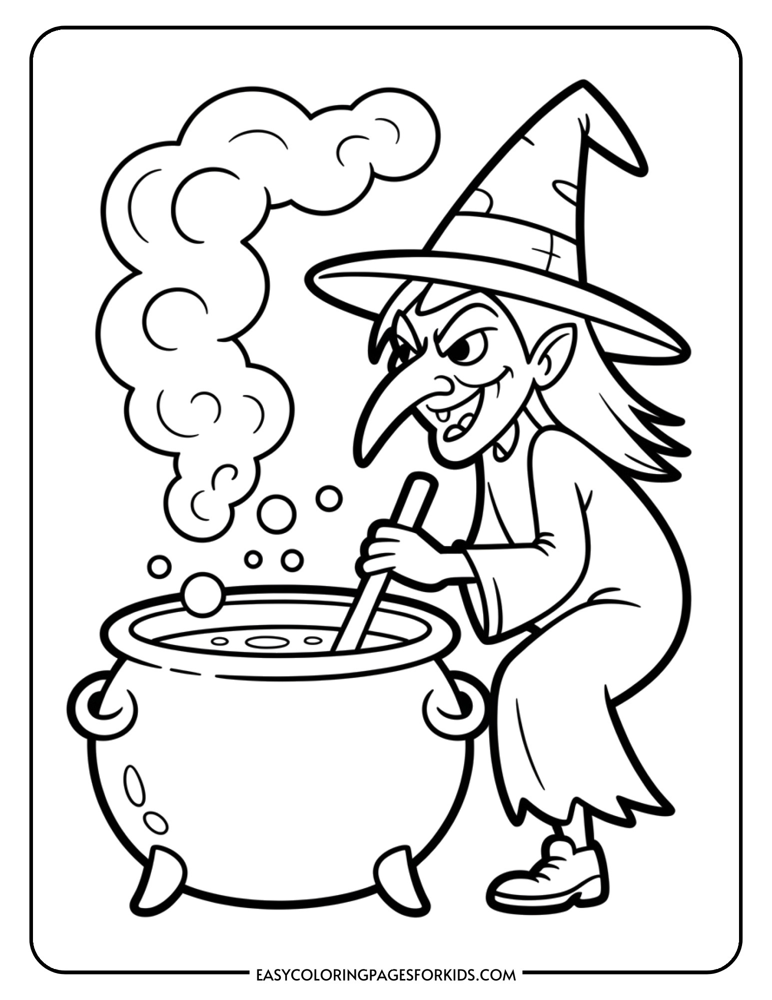 A witch coloring page showing a cackling witch stirring her bubbling cauldron.