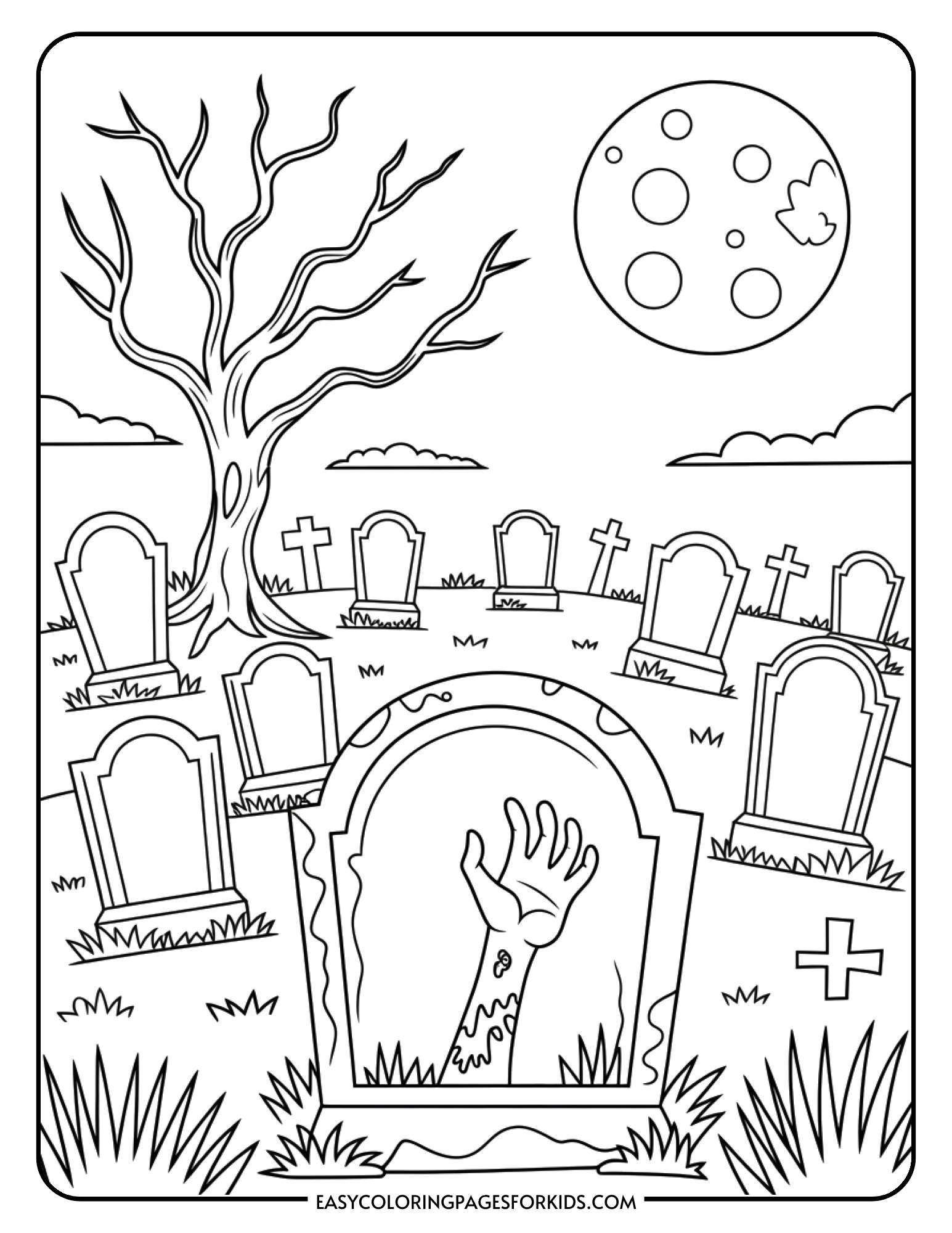 A graveyard coloring page featuring tombstones, a spooky tree, and a hand emerging from the ground.