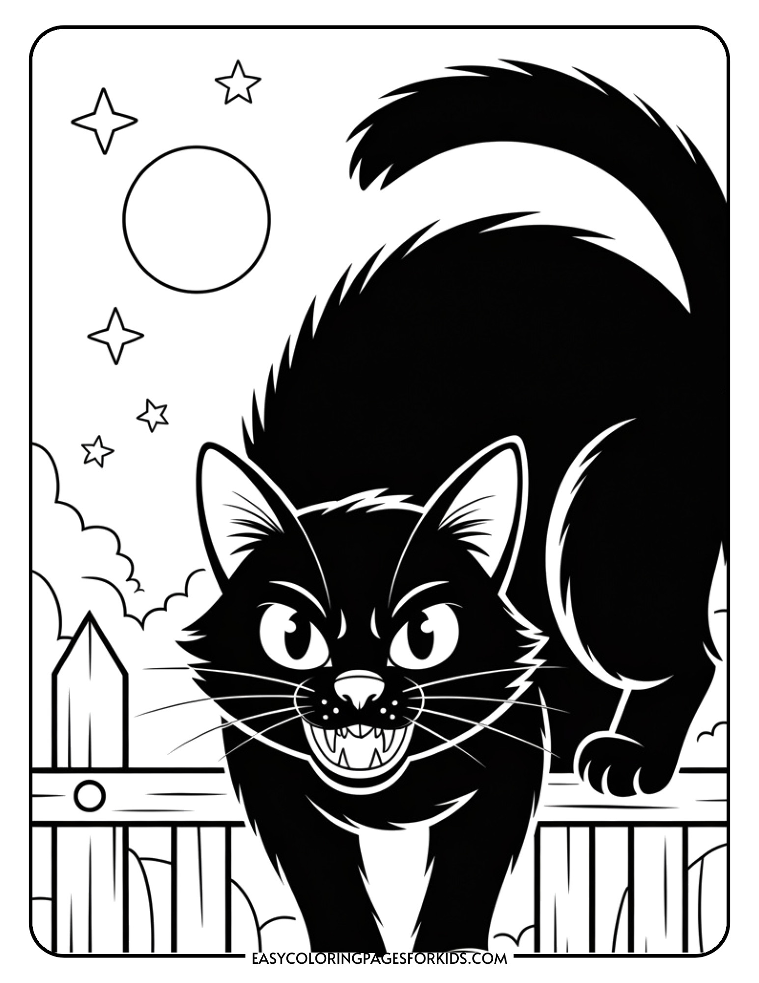 A black cat coloring page showing an angry cat with arched back and bared fangs.