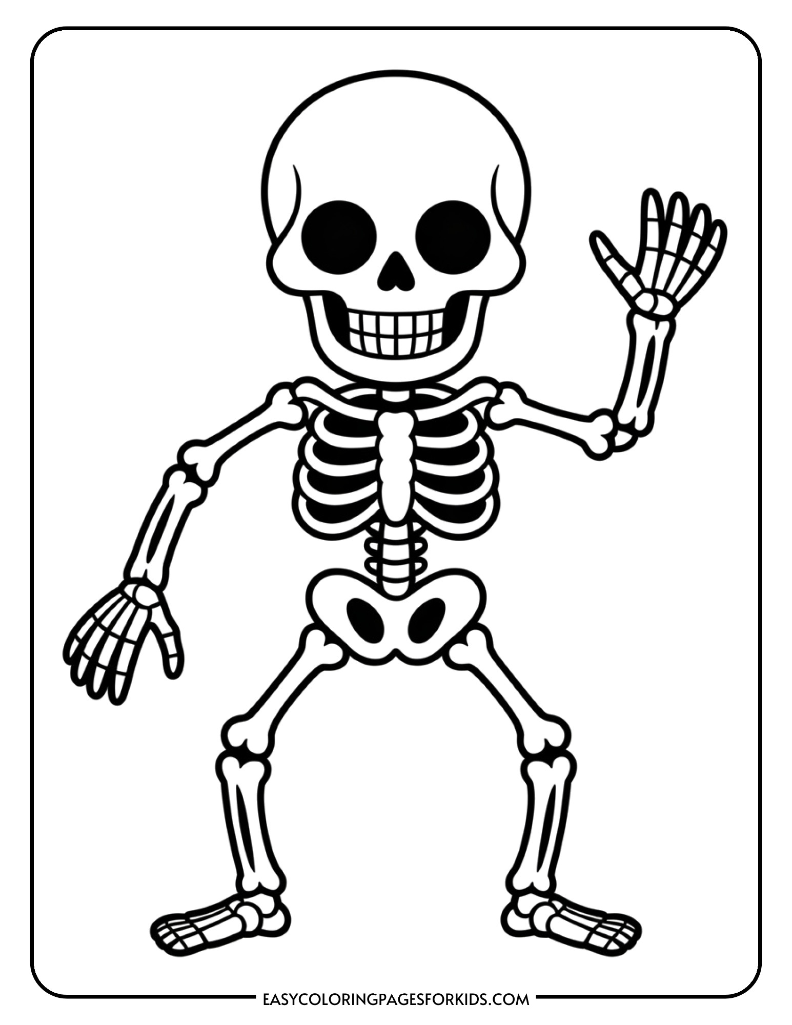 A skeleton coloring page featuring a grinning skeleton with detailed bones.