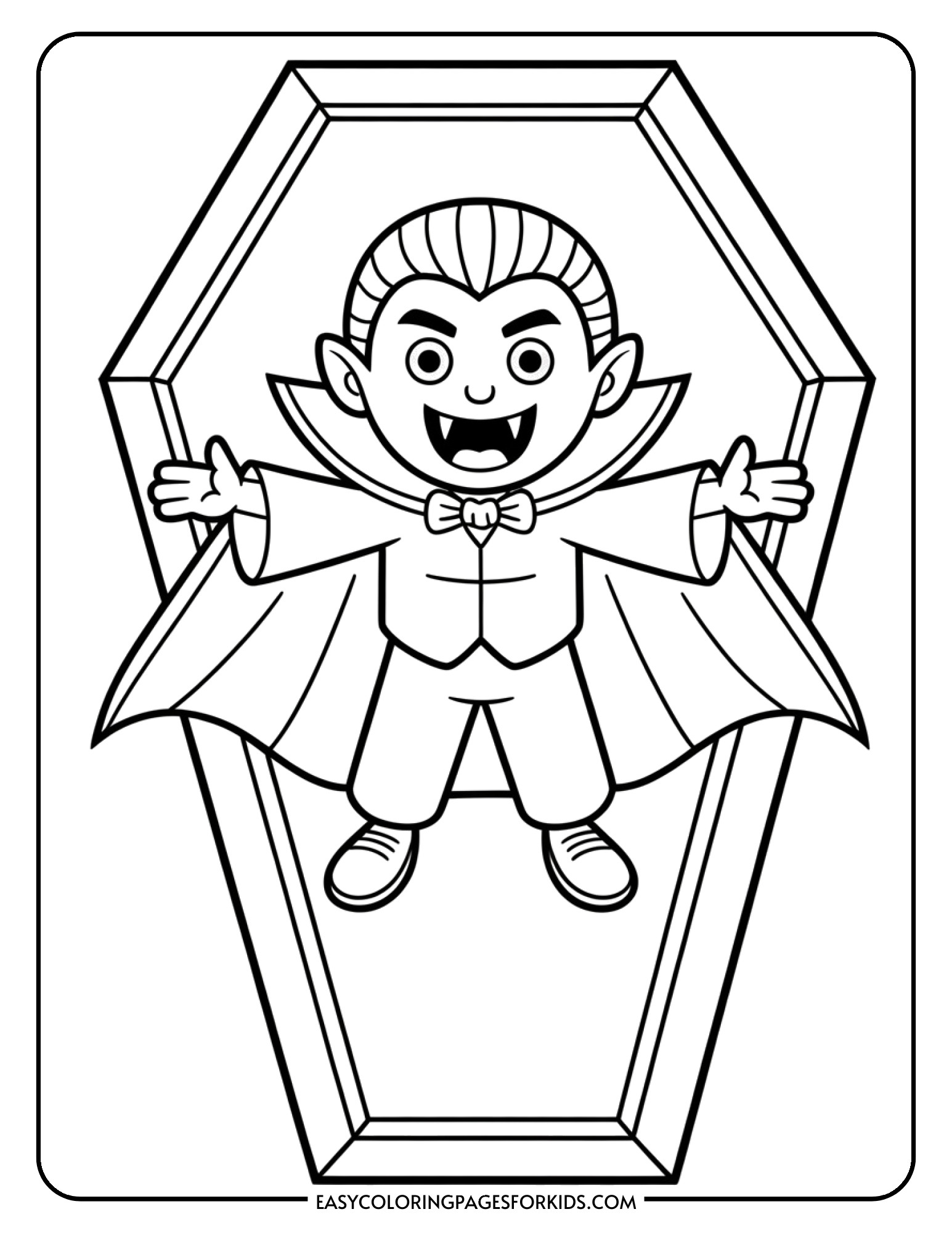 A vampire coloring page showing a fanged vampire rising from his coffin.