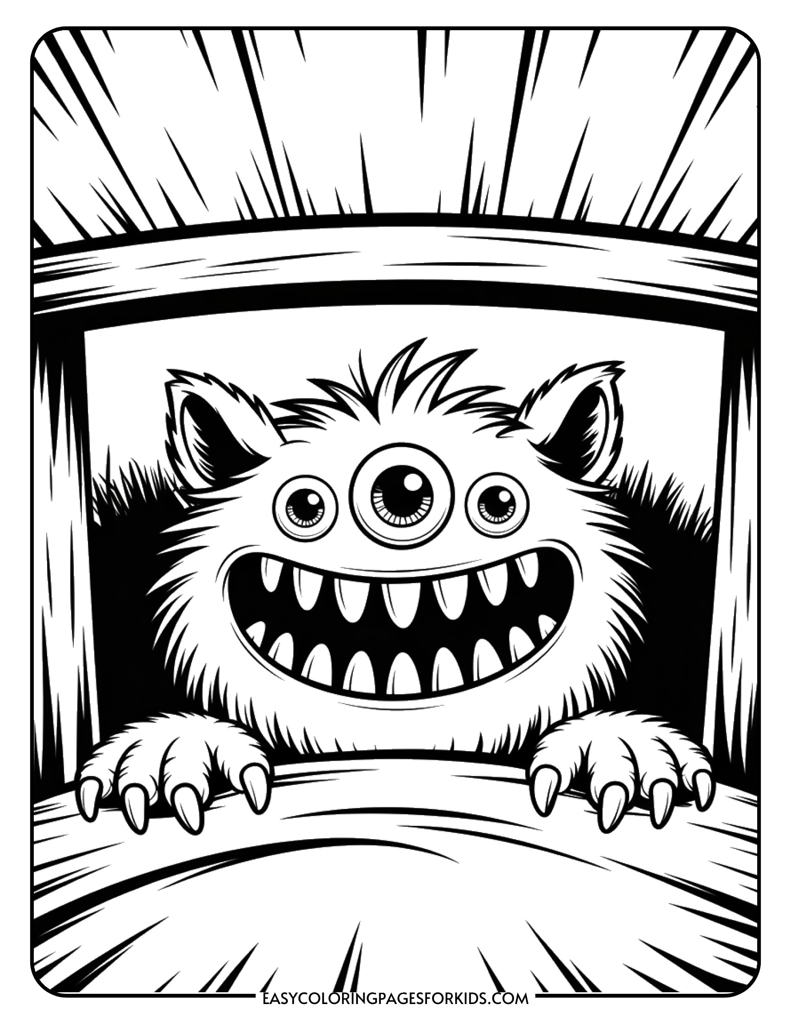 A monster coloring page featuring a multi-eyed creature hiding under a bed.