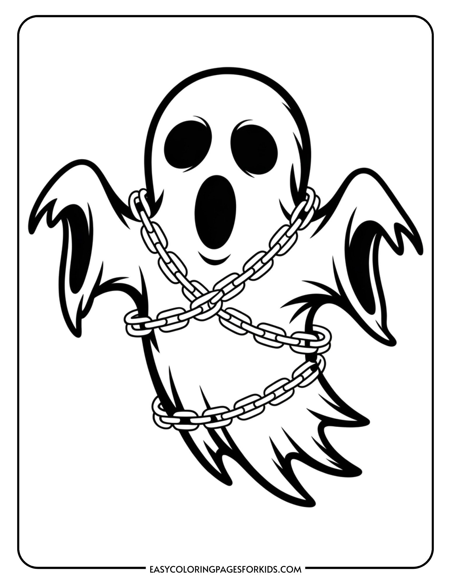 A ghost coloring page featuring a chained ghost with hollow eyes and flowing sheet.
