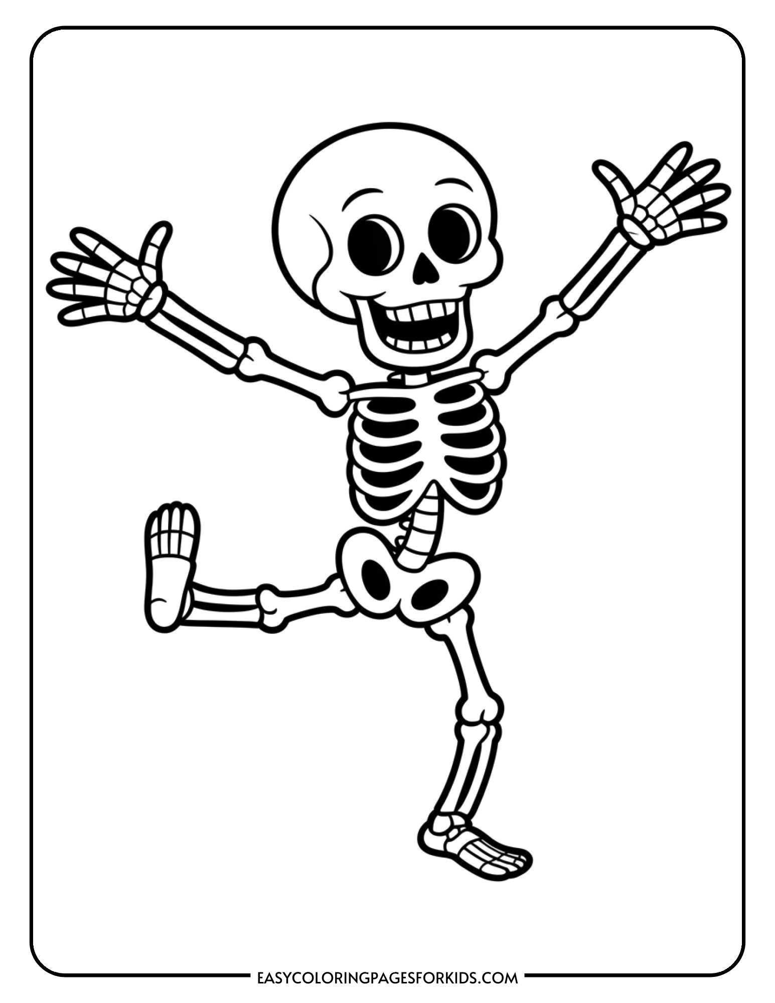A happy skeleton dancing with arms and legs in a joyful position.
