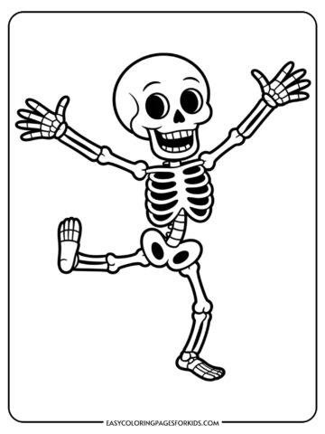 A happy skeleton dancing with arms and legs in a joyful position.