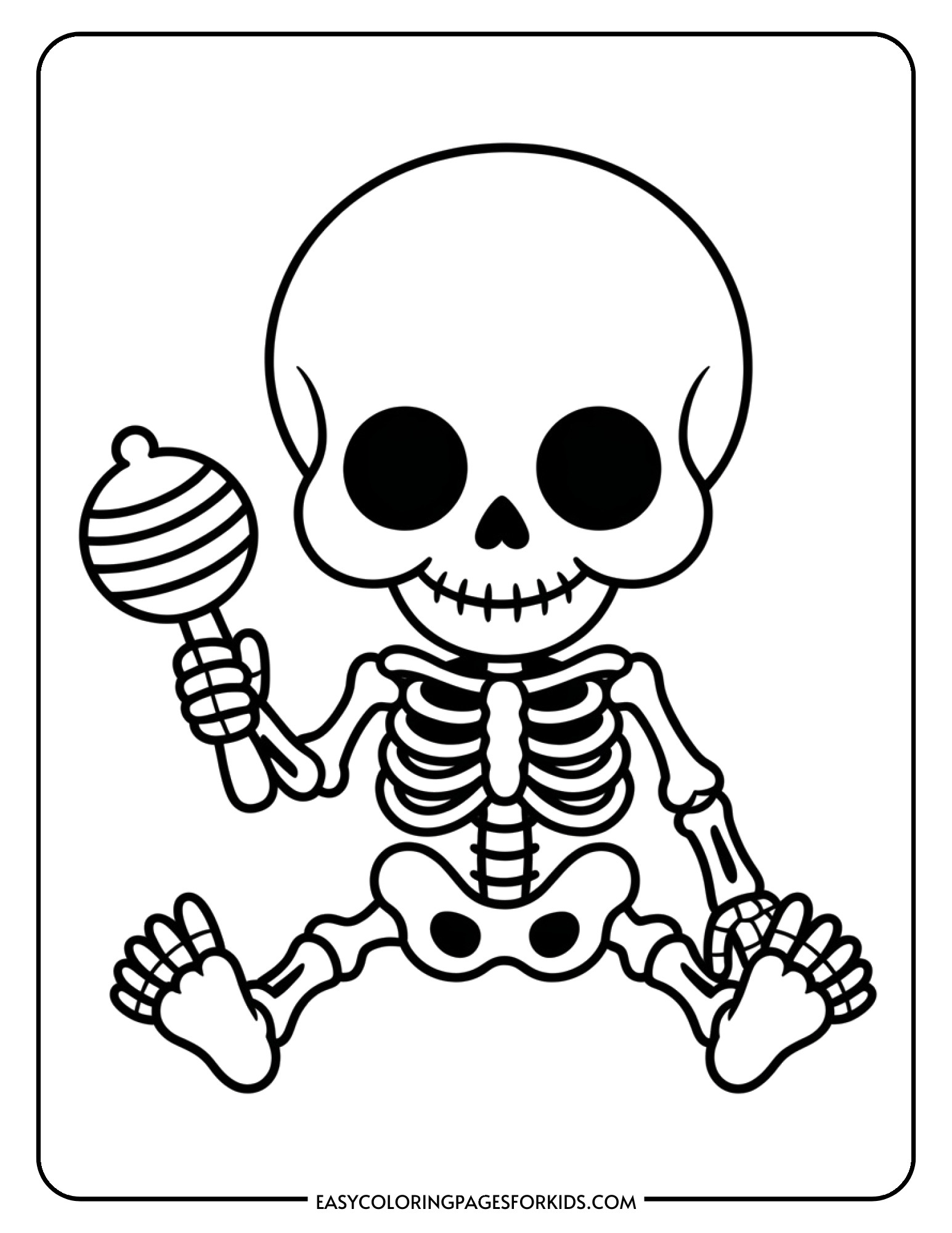 A small baby skeleton sitting and holding a rattle toy.