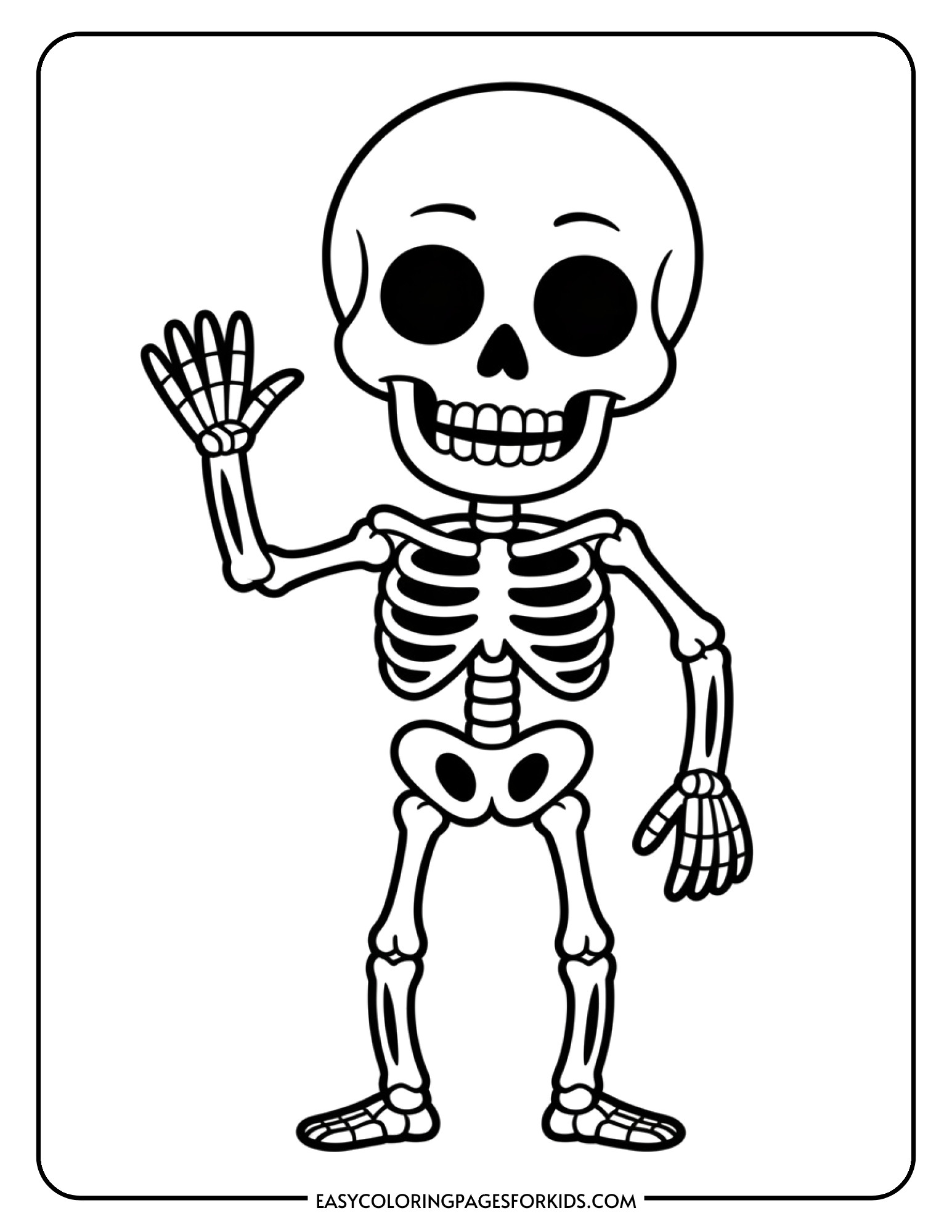 A skeleton with a big smile waving hello with one hand raised.
