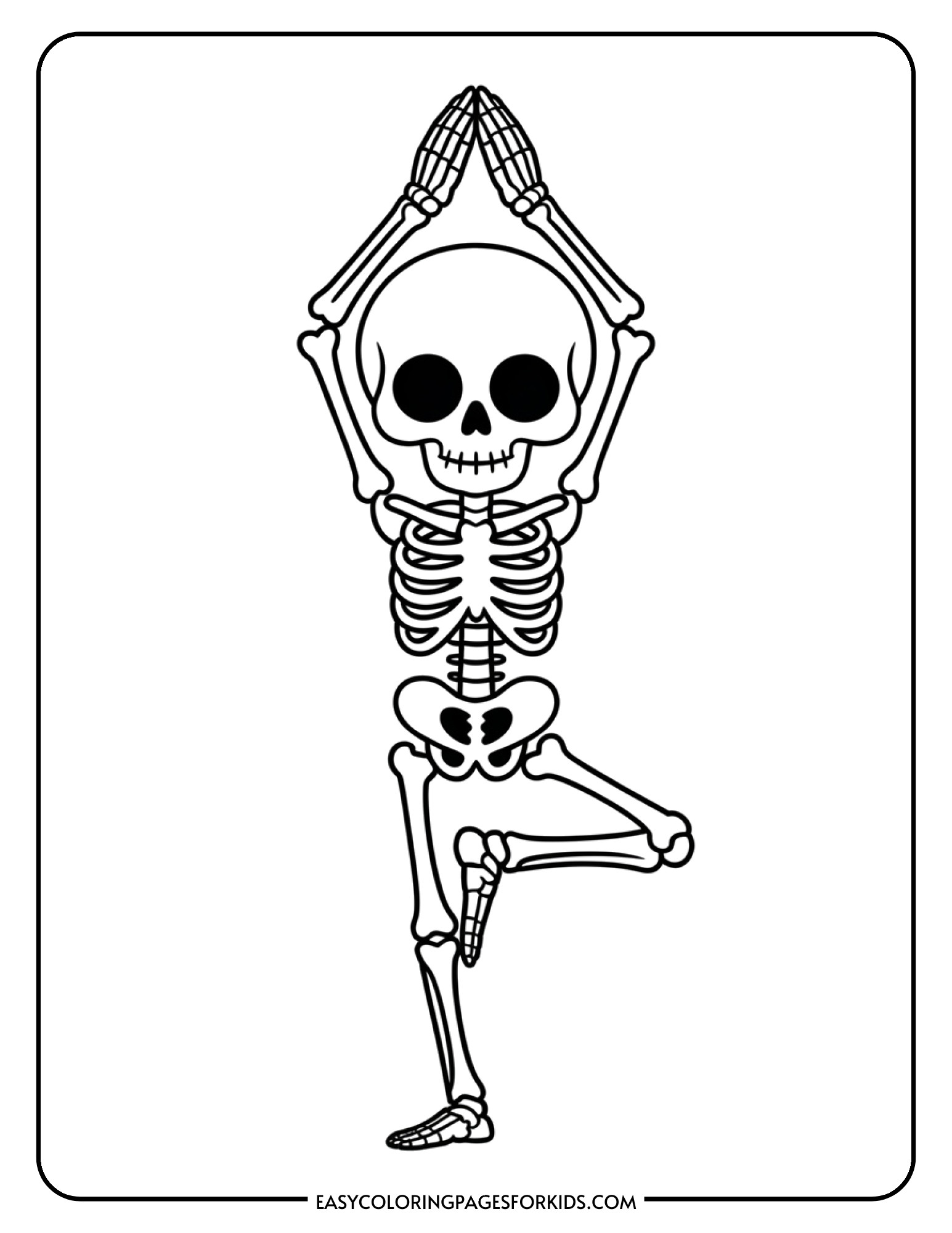 A skeleton balancing in a yoga tree pose with one foot against the opposite knee.