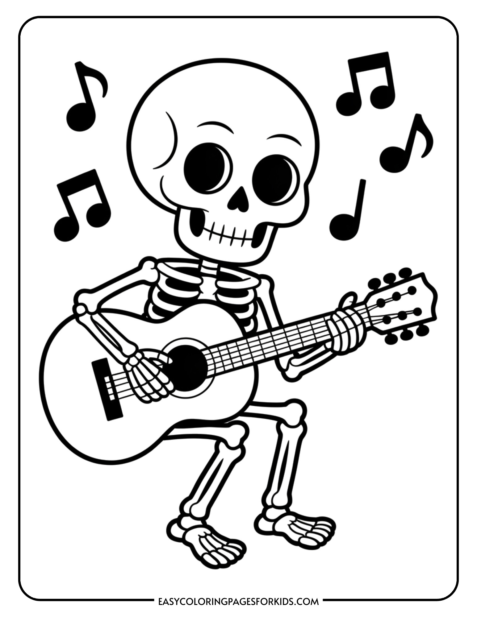 A skeleton sitting down playing a guitar with musical notes in the air.