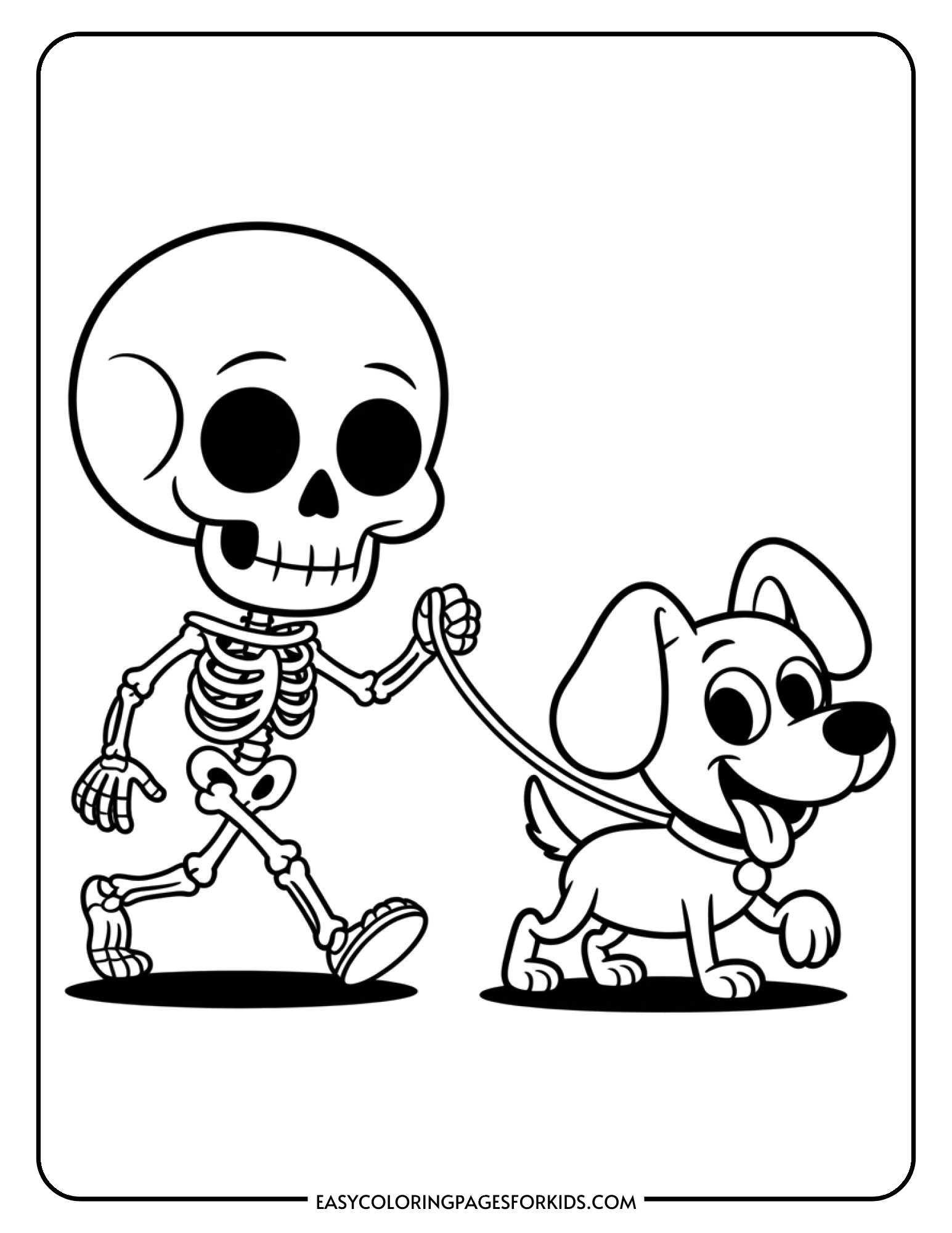 A skeleton walking a cheerful dog on a leash.