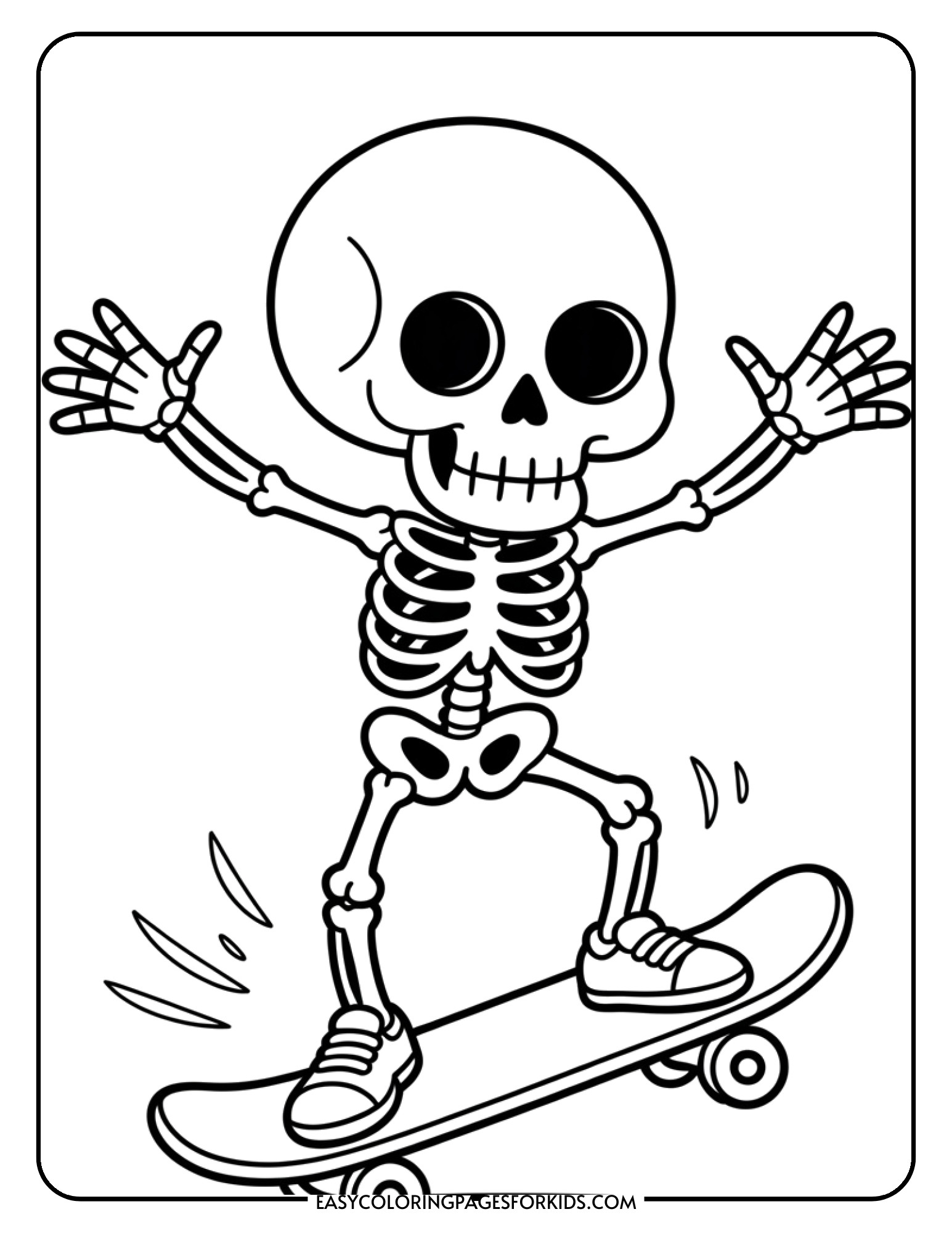 A skeleton performing a skateboard trick with arms extended for balance.