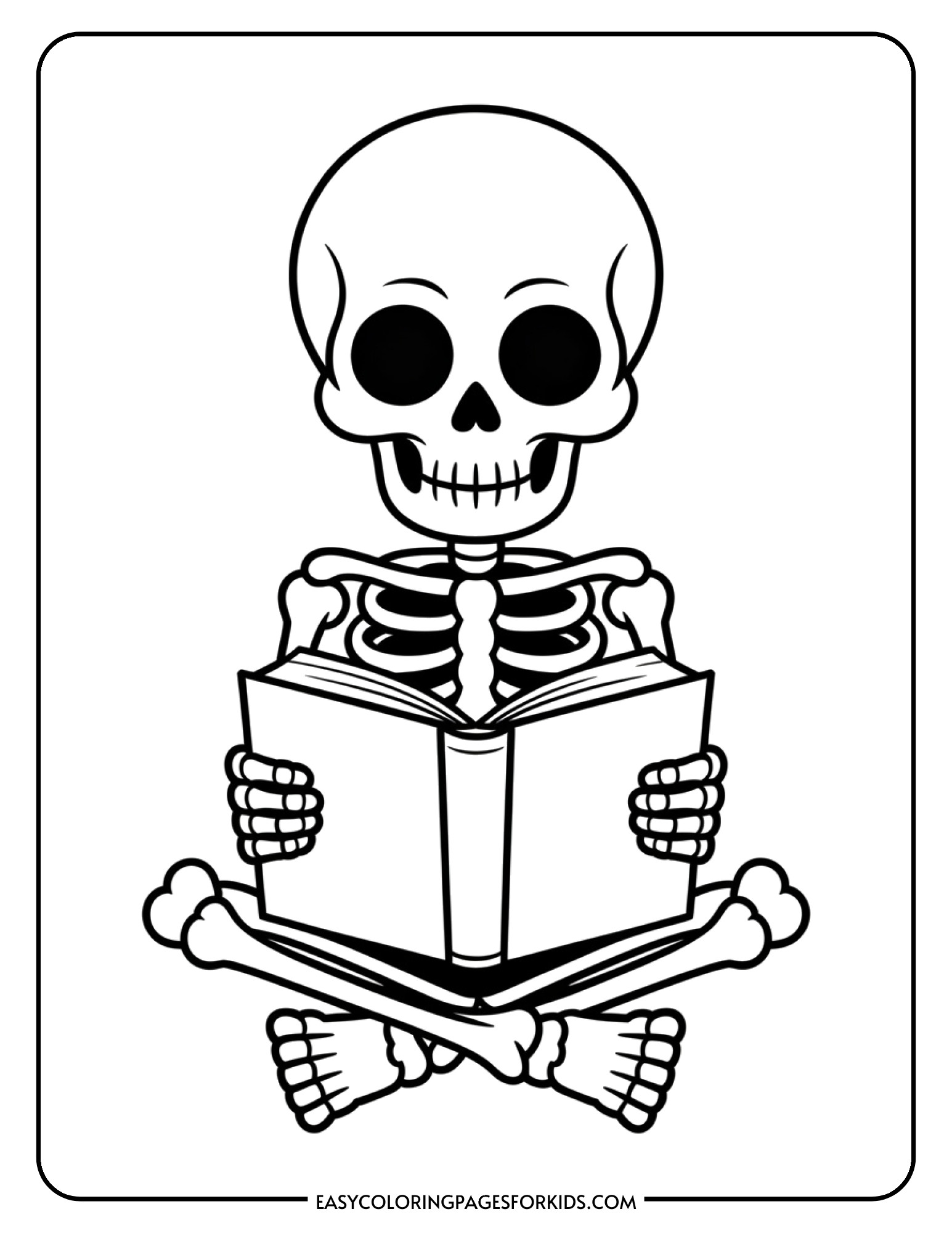 A skeleton sitting with legs crossed while reading an open book.