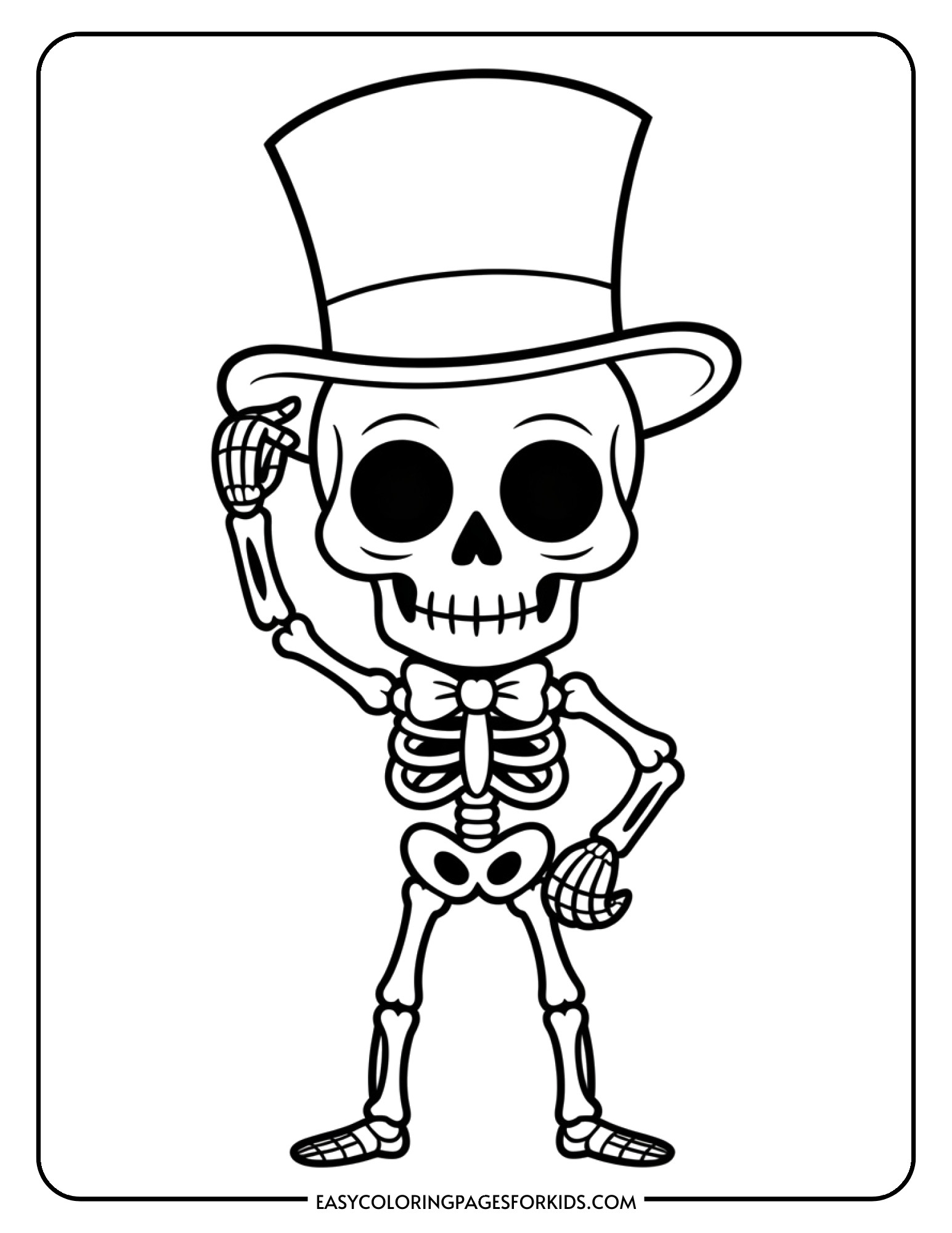 A skeleton dressed fancy with a tall top hat and bow tie.