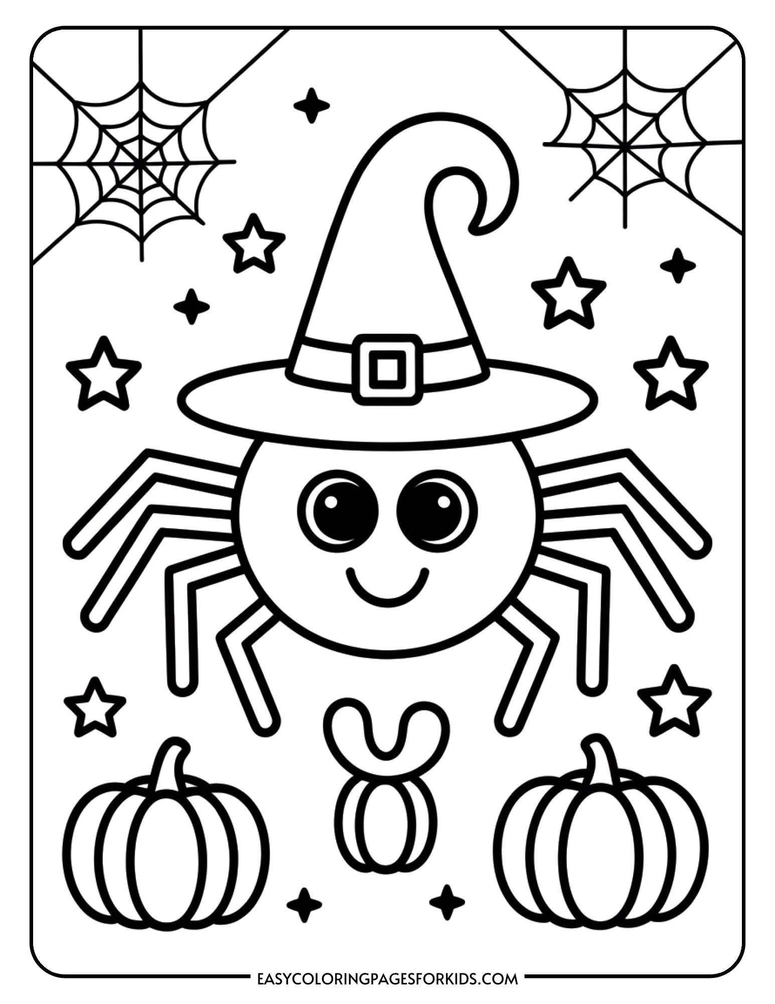 A festive spider wearing a pointed witch hat with pumpkins and stars around it.